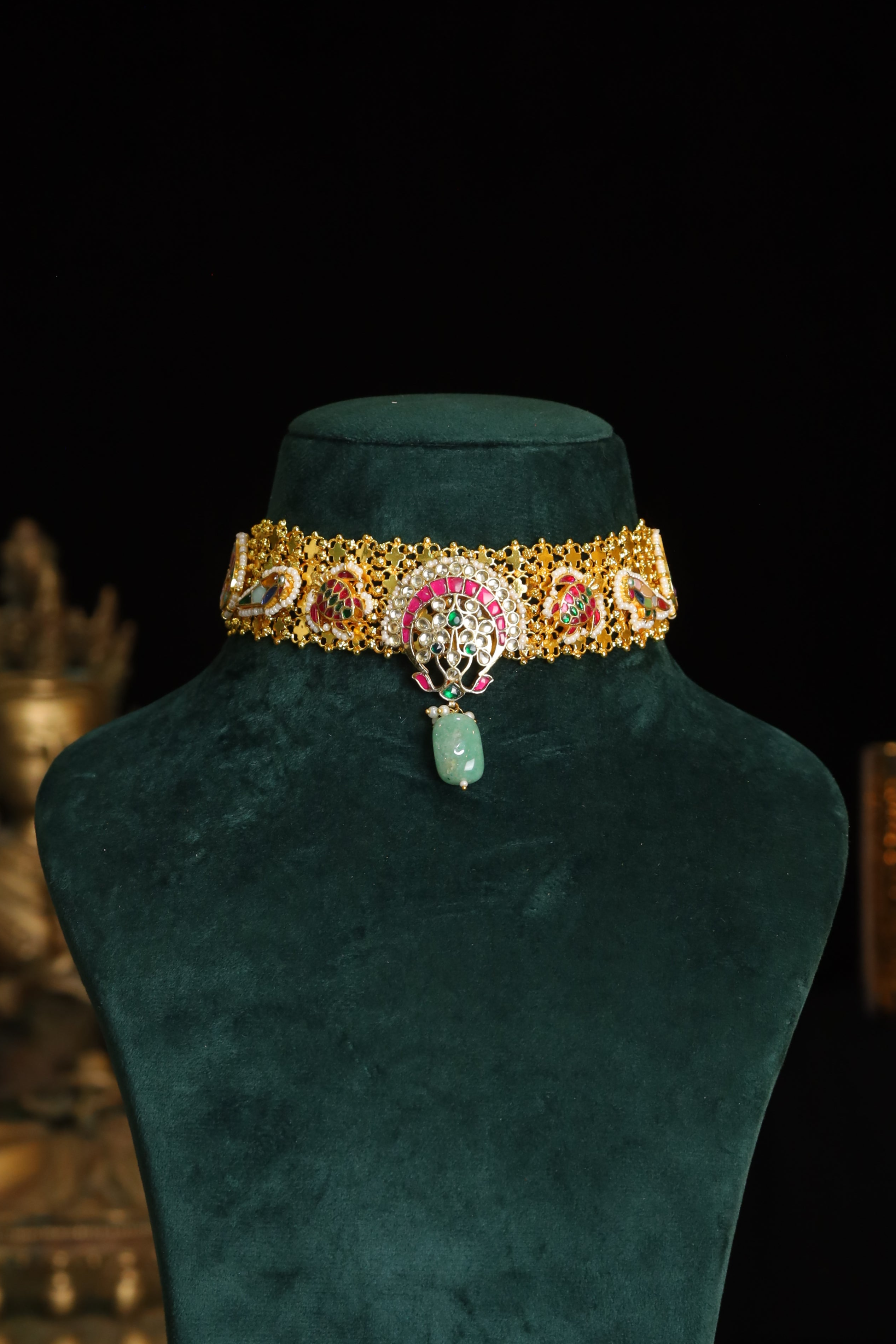 SJN1188- Multi Colour Gold Plated Jadau Kundan Fusion Choker with Earrings