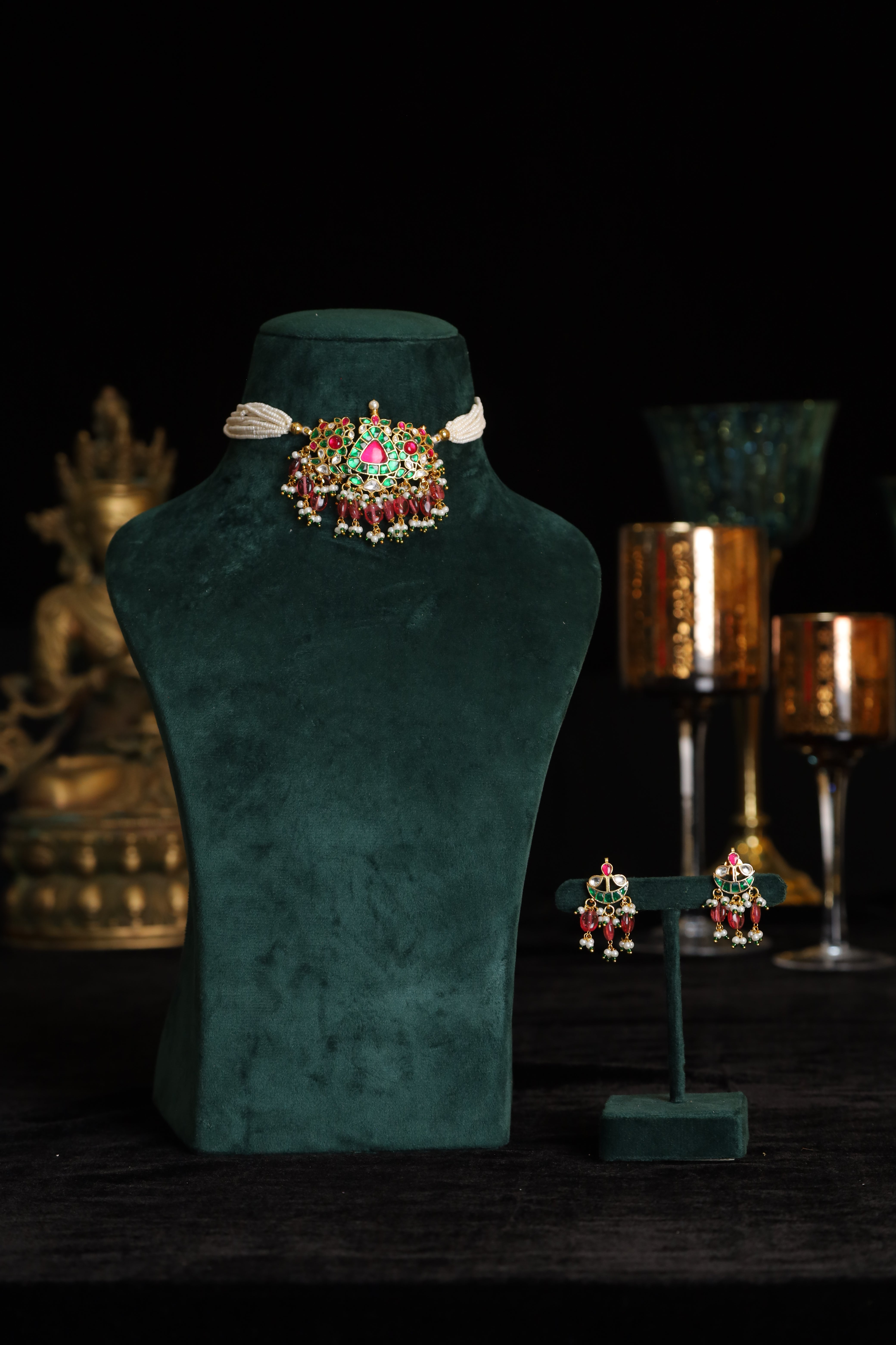 SJN1145- Multi Colour Gold Plated Jadau Kundan Choker with Earrings