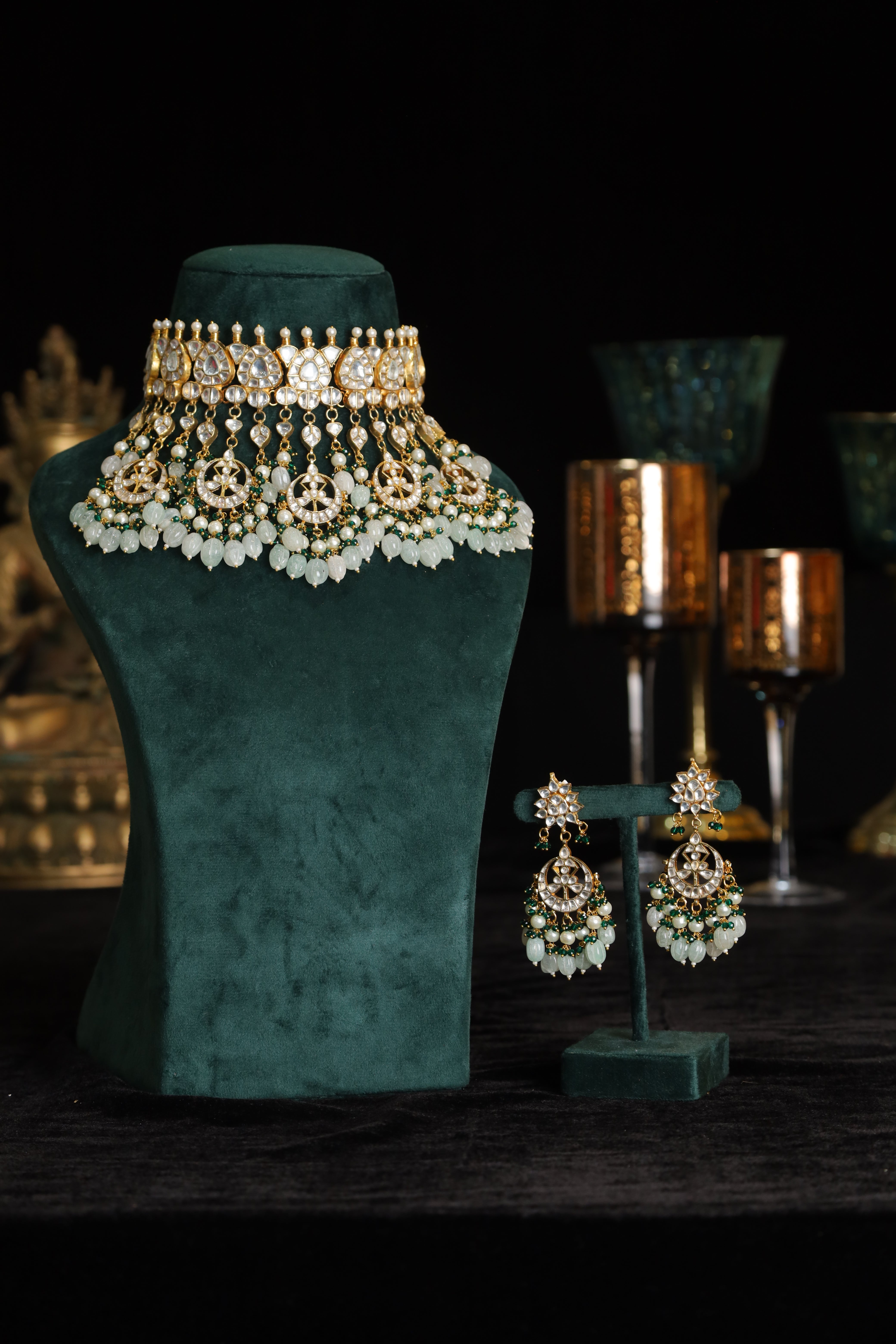 SJN1216- White and Blue Colour Gold Plated Jadau Kundan Necklace with Earrings