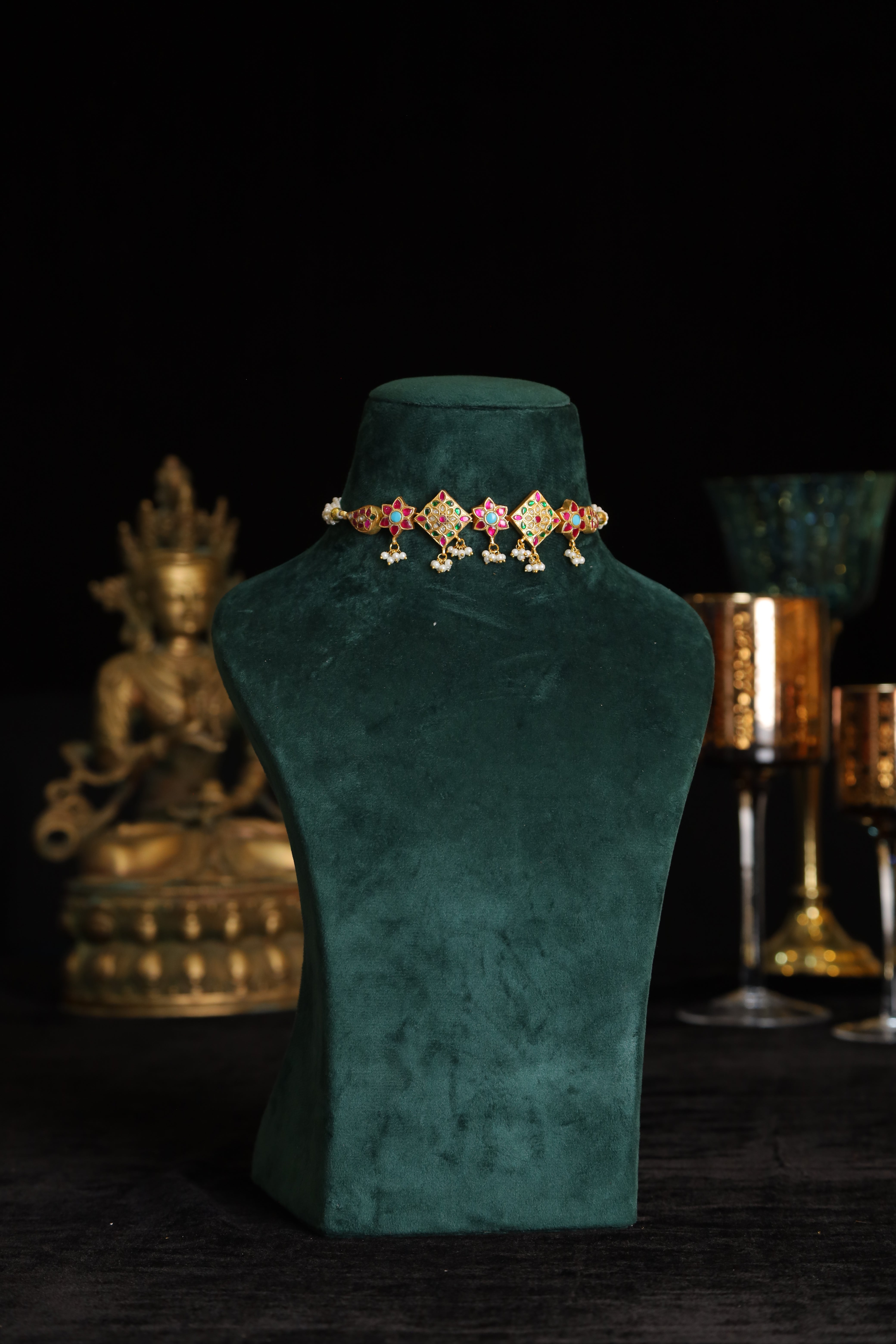 SJN1224- Multi Colour Gold Plated Jadau Kundan Temple Choker with Earrings