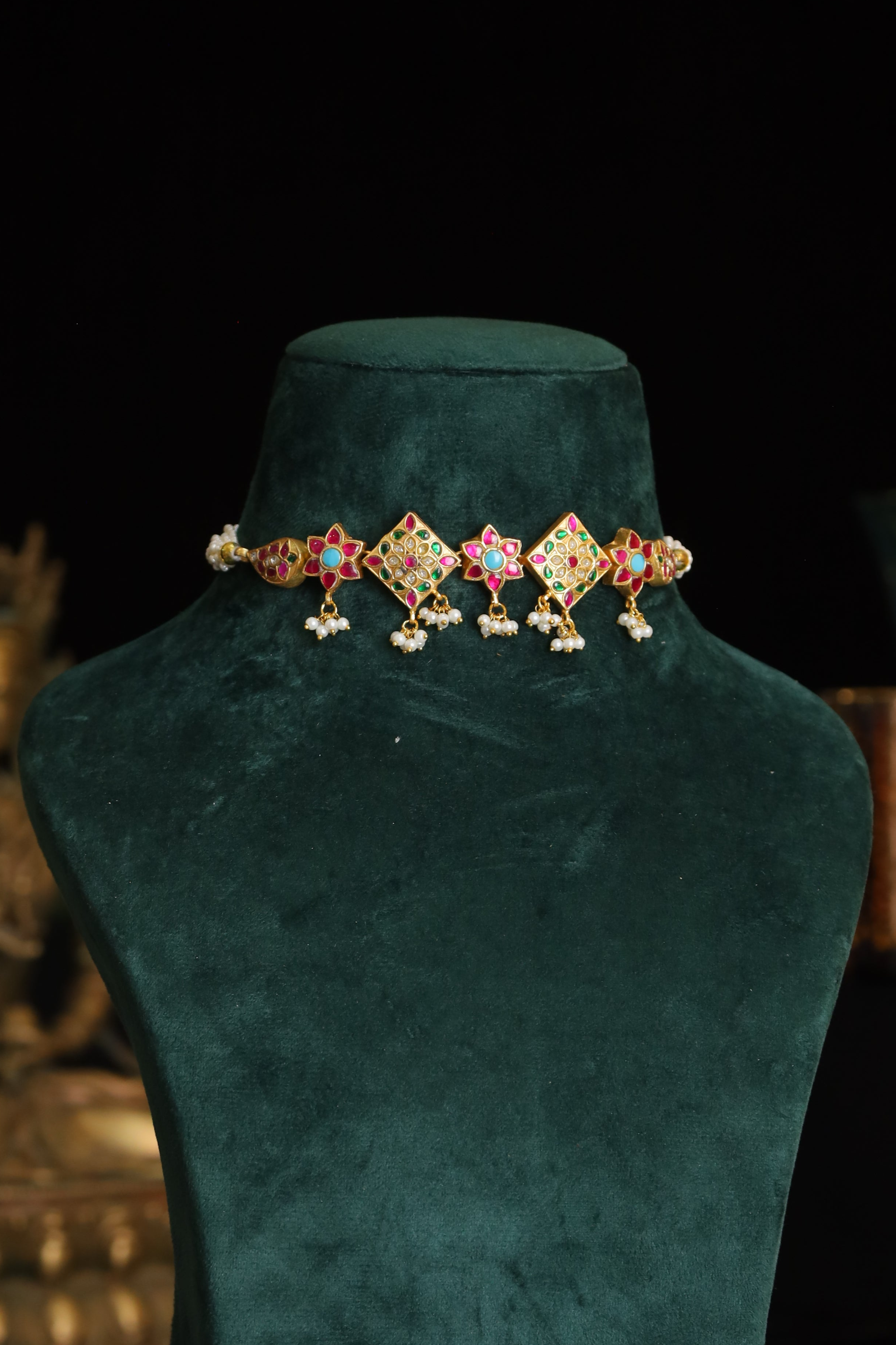 SJN1224- Multi Colour Gold Plated Jadau Kundan Temple Choker with Earrings