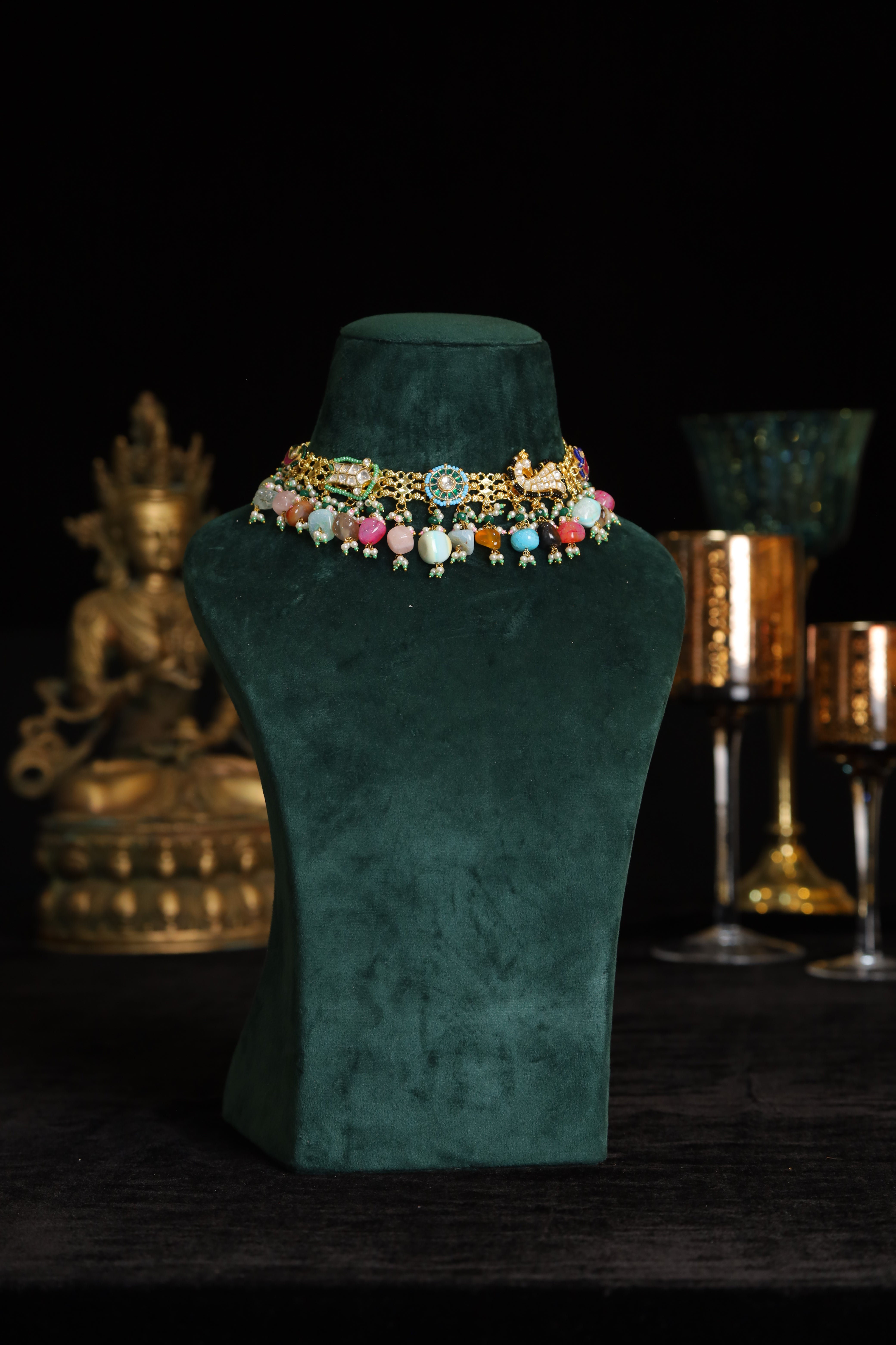 SJN1189- Multi Colour Gold Plated Jadau Kundan Fusion Choker with Earrings