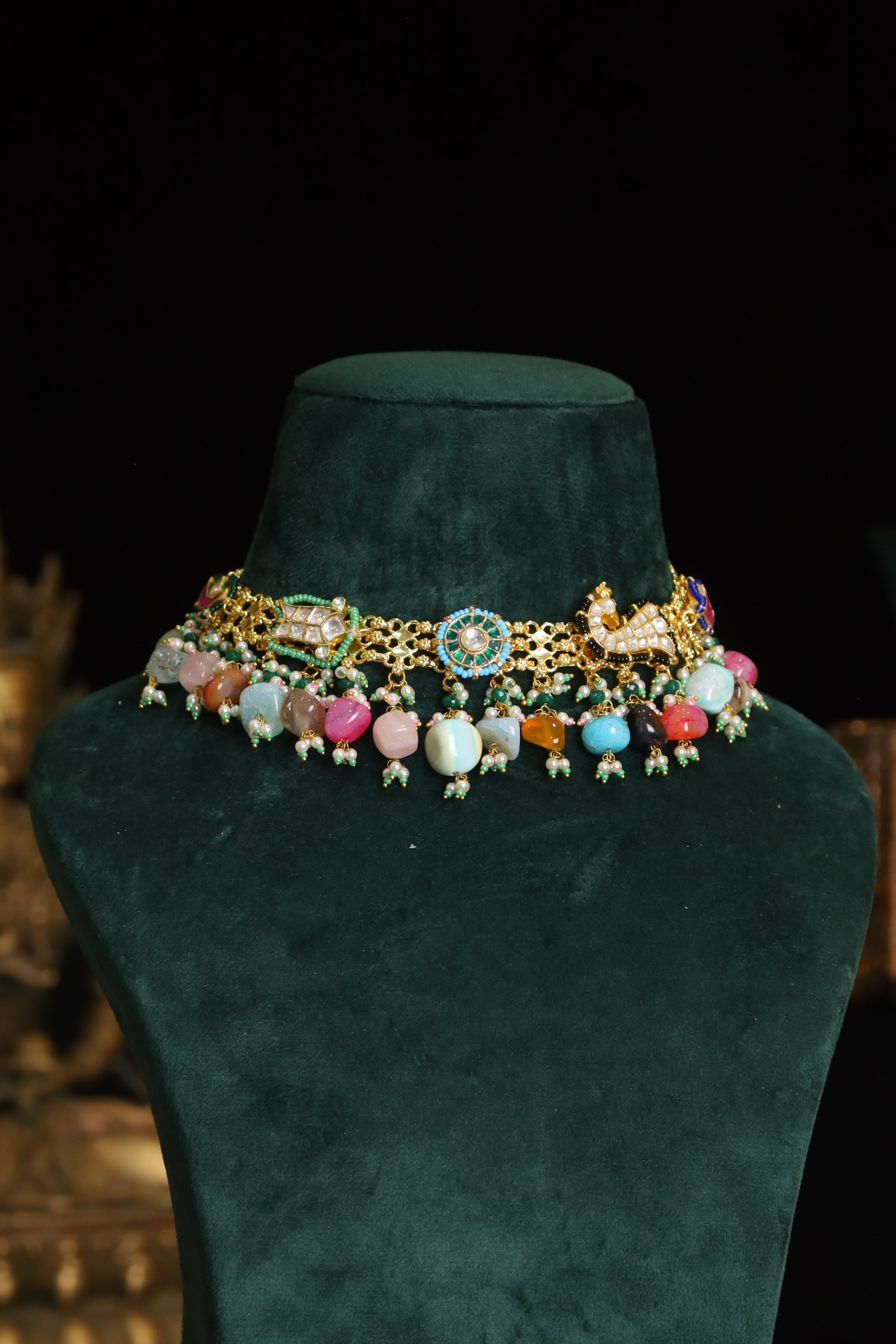 SJN1189- Multi Colour Gold Plated Jadau Kundan Fusion Choker with Earrings