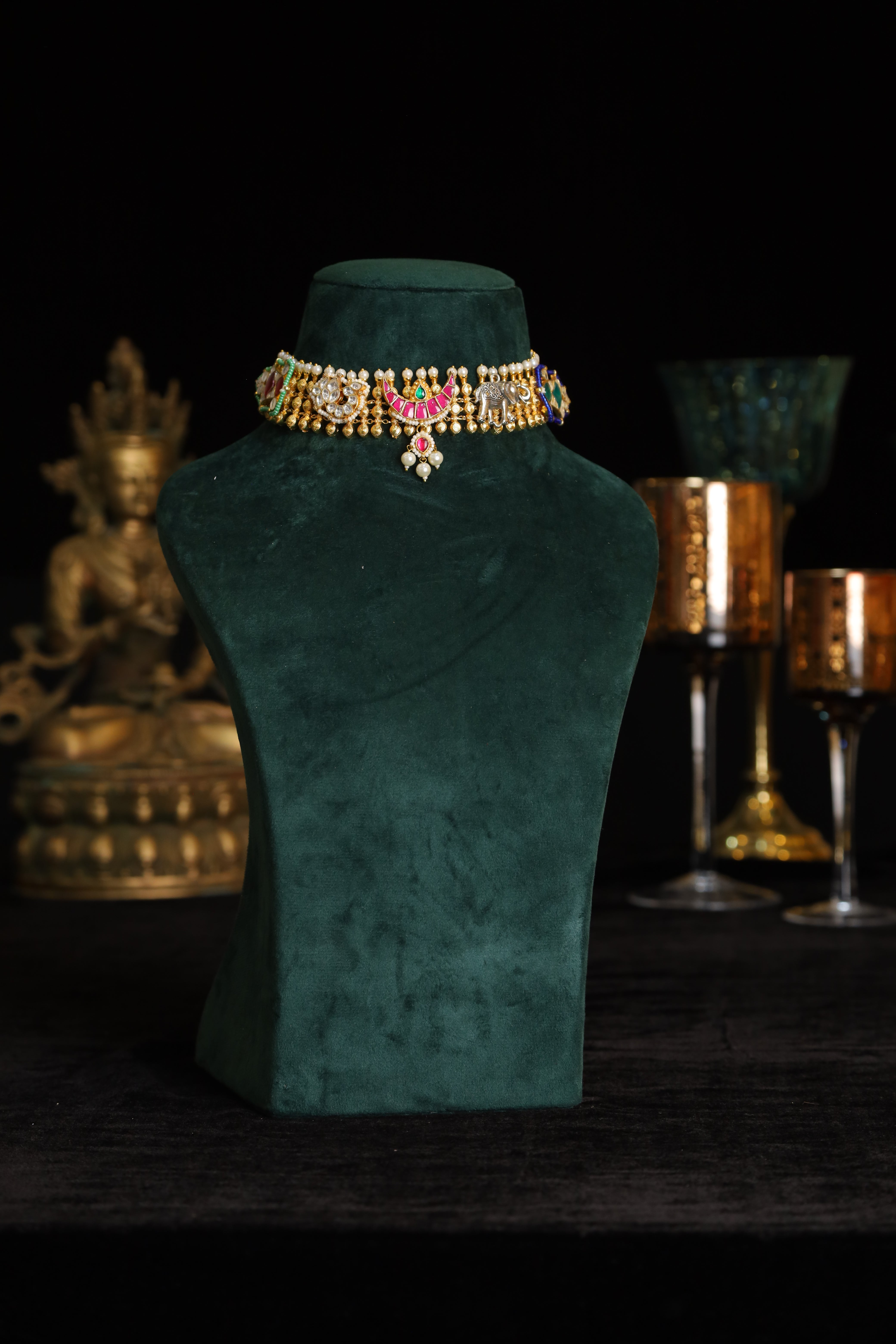 SJN1190- Multi Colour Gold Plated Jadau Kundan Fusion Choker with Earrings