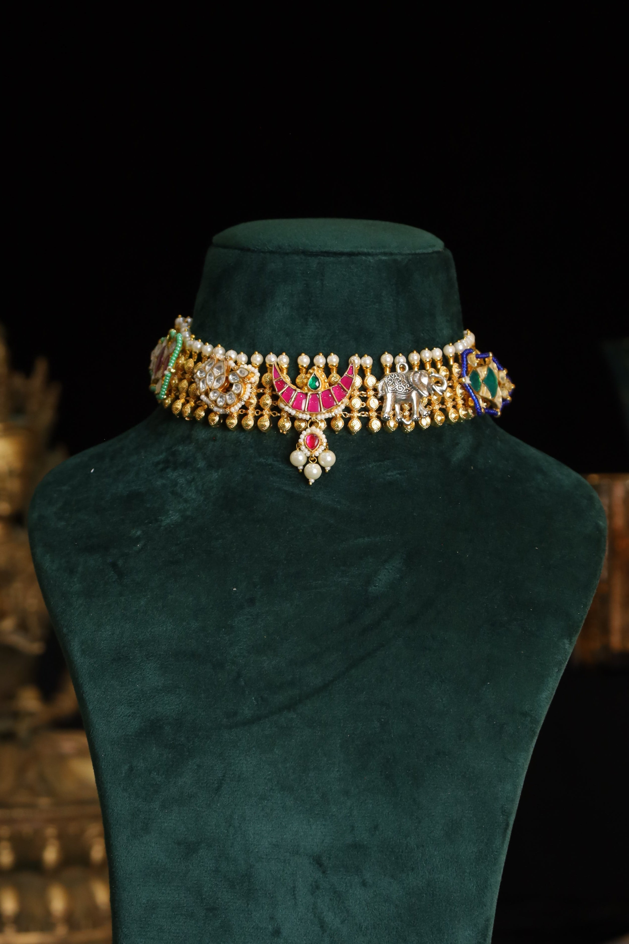 SJN1190- Multi Colour Gold Plated Jadau Kundan Fusion Choker with Earrings