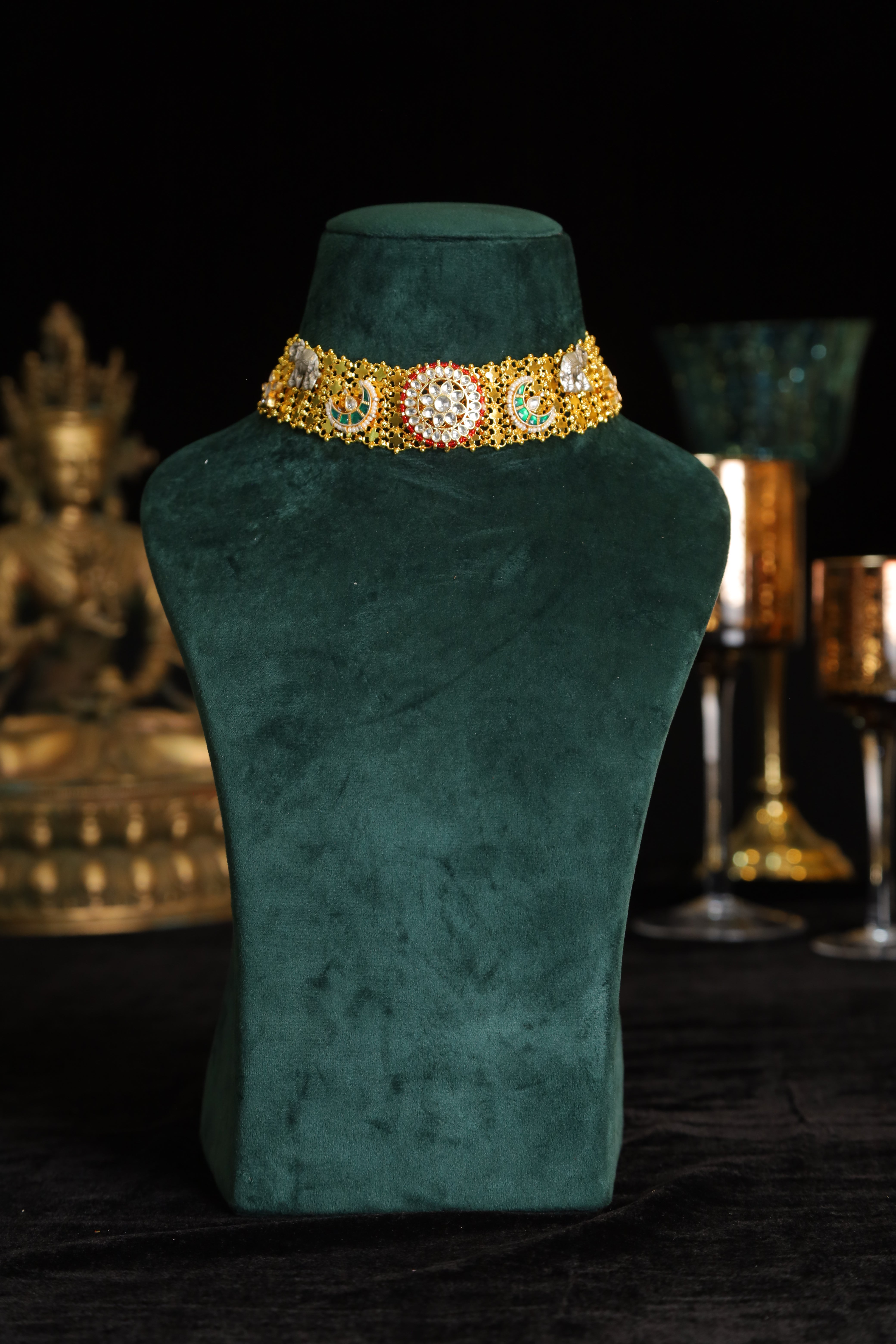 SJN1191- Multi Colour Gold Plated Jadau Kundan Fusion Choker with Earrings