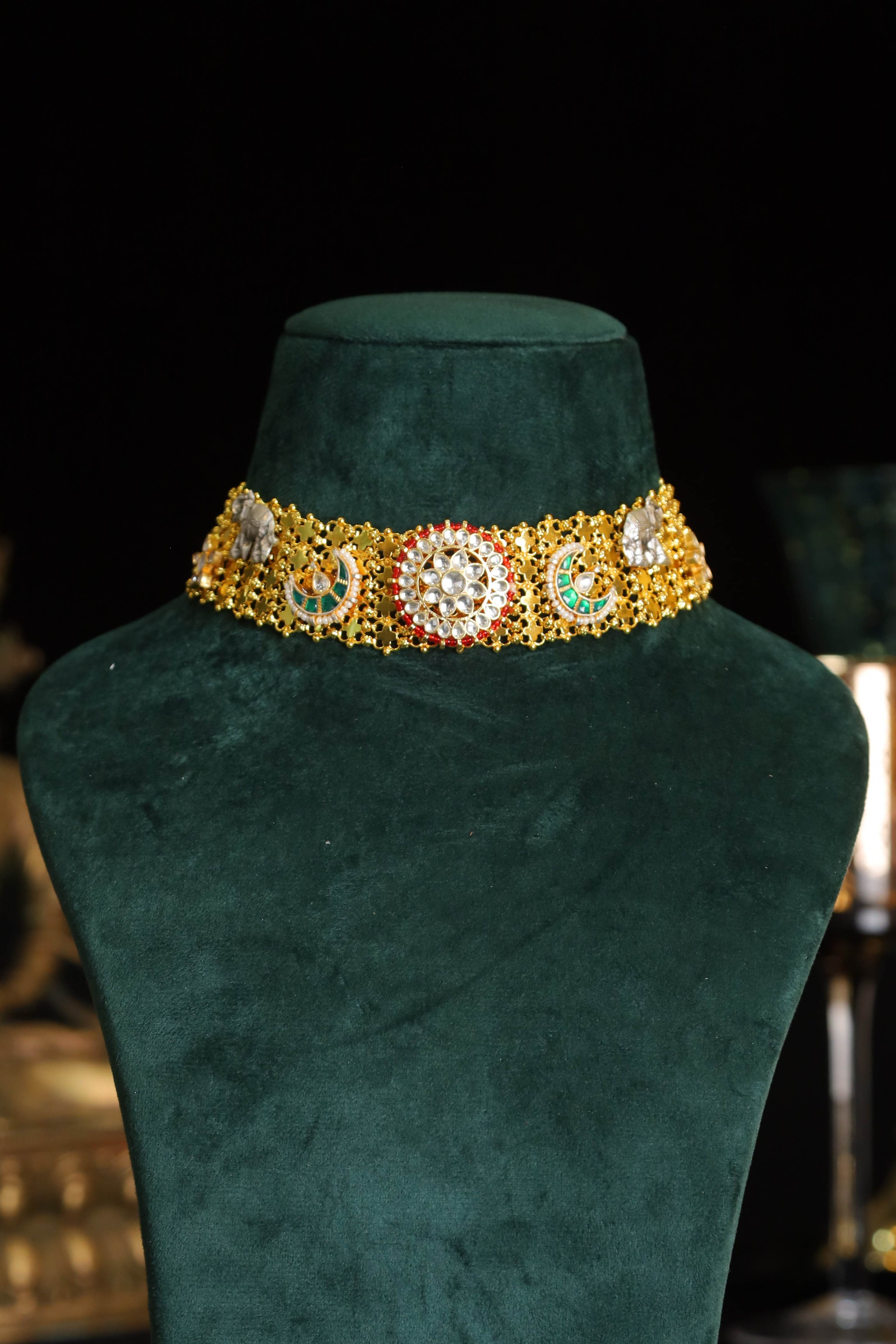 SJN1191- Multi Colour Gold Plated Jadau Kundan Fusion Choker with Earrings