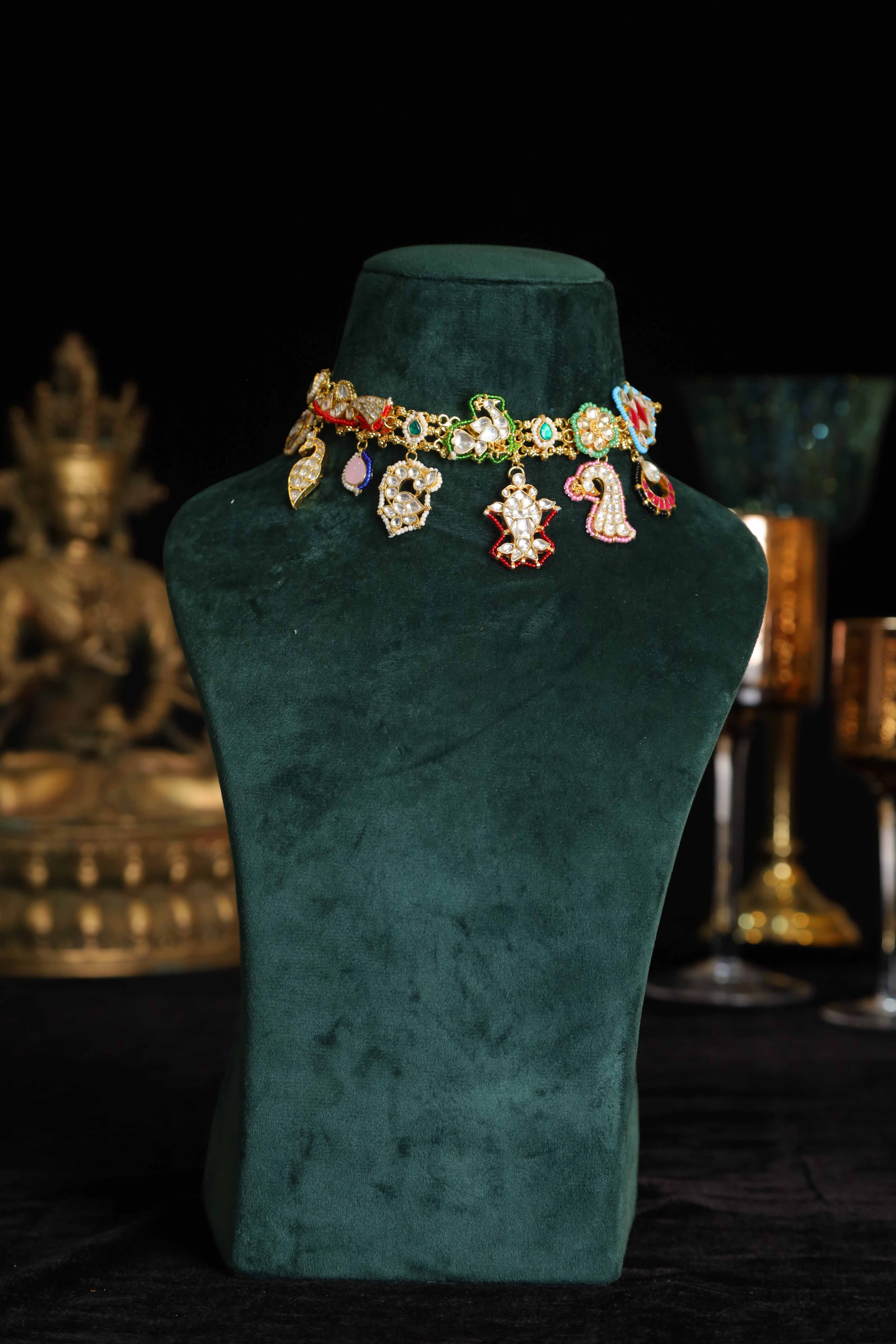 SJN1192- Multi Colour Gold Plated Jadau Kundan Fusion Choker with Earrings