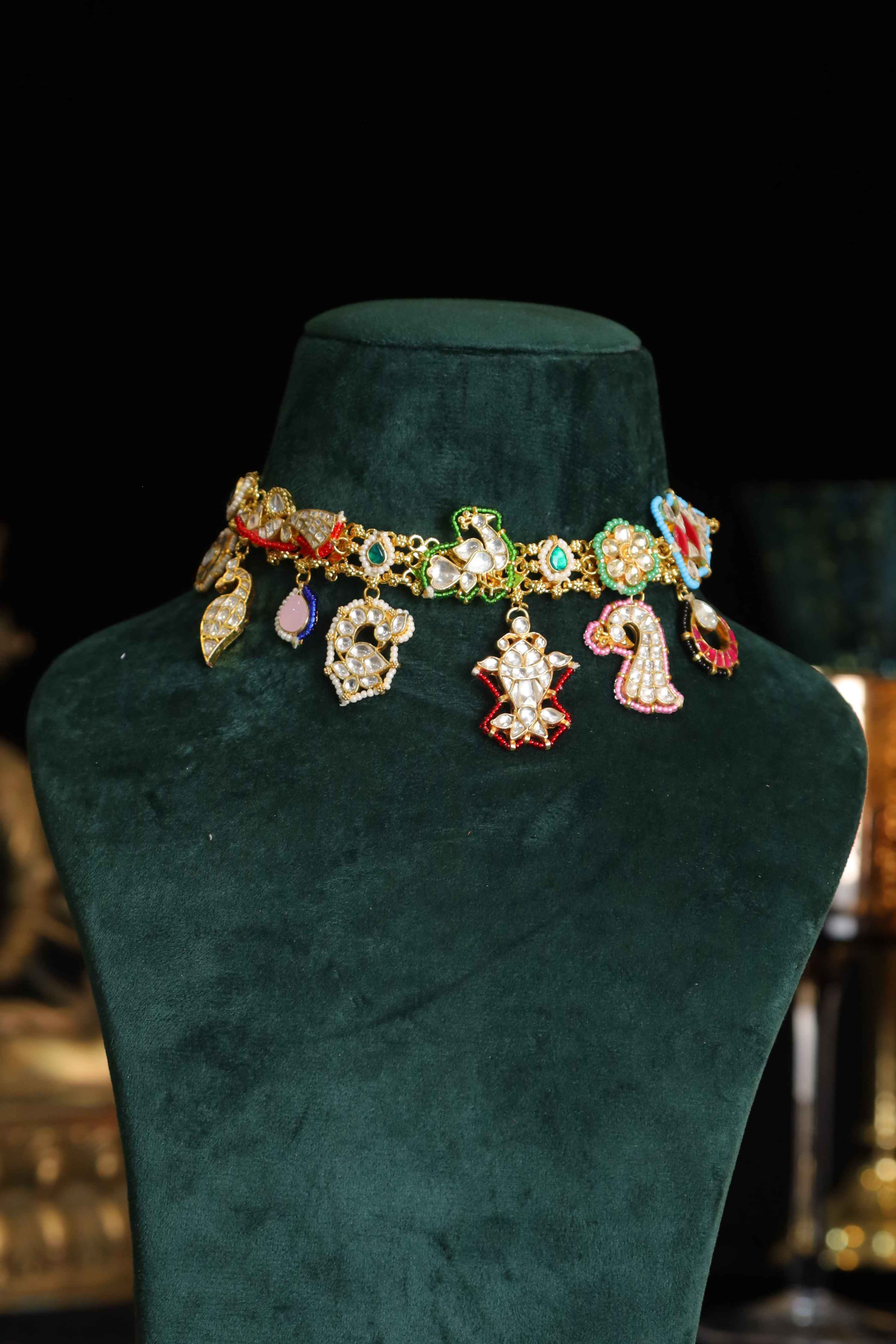 SJN1192- Multi Colour Gold Plated Jadau Kundan Fusion Choker with Earrings
