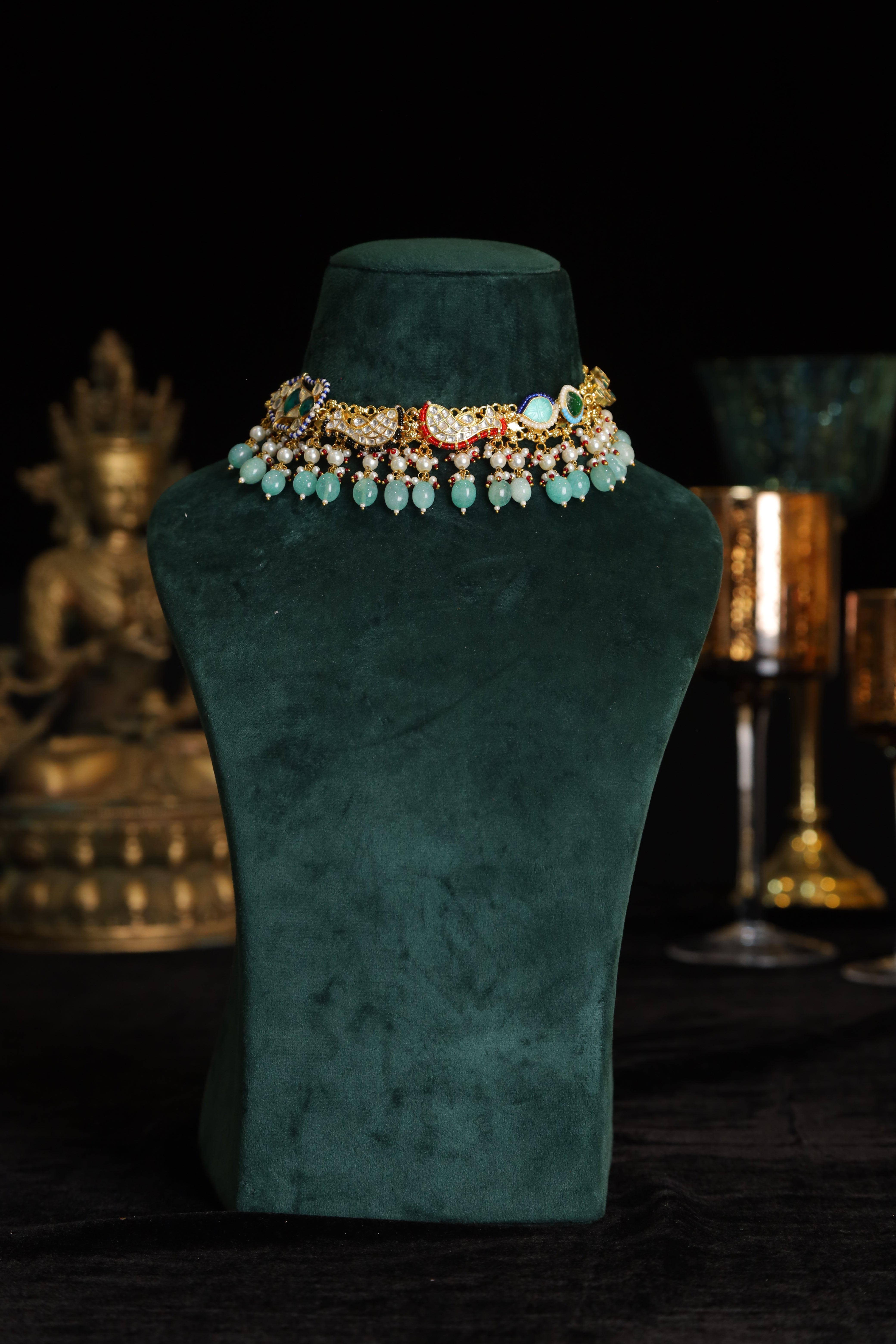 SJN1193- Multi Colour Gold Plated Jadau Kundan Fusion Choker with Earrings