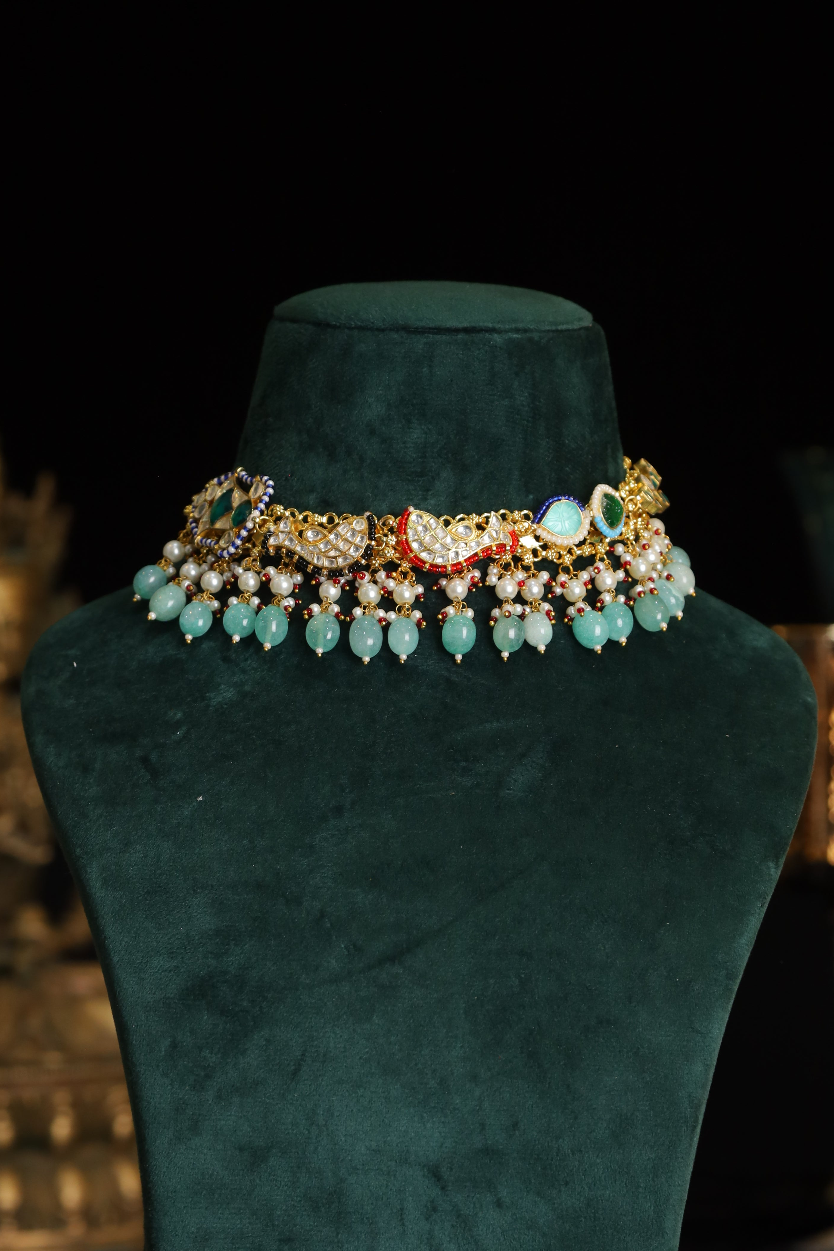SJN1193- Multi Colour Gold Plated Jadau Kundan Fusion Choker with Earrings