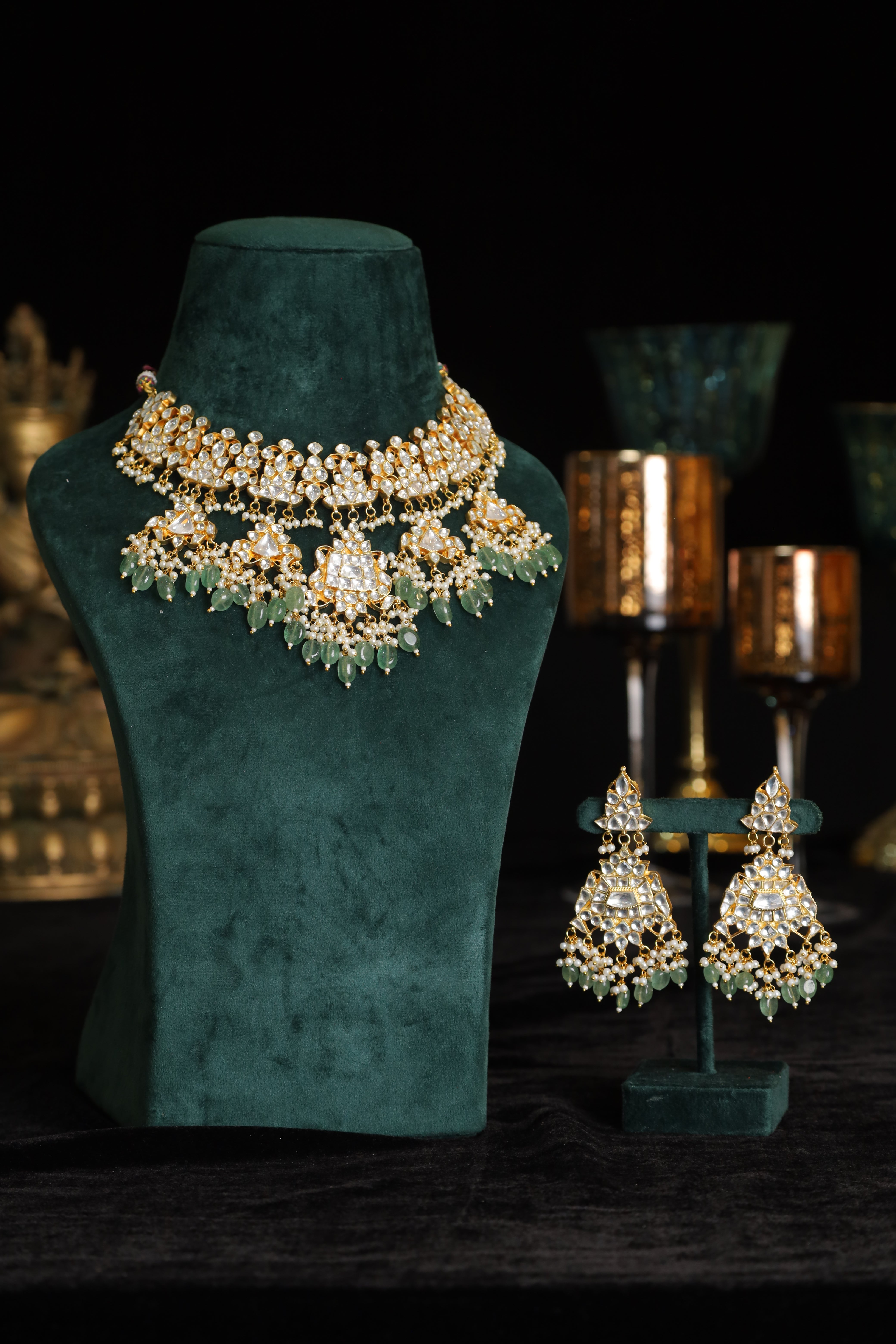 SJN1217- White and Mint Colour Gold Plated Jadau Kundan Necklace with Earrings