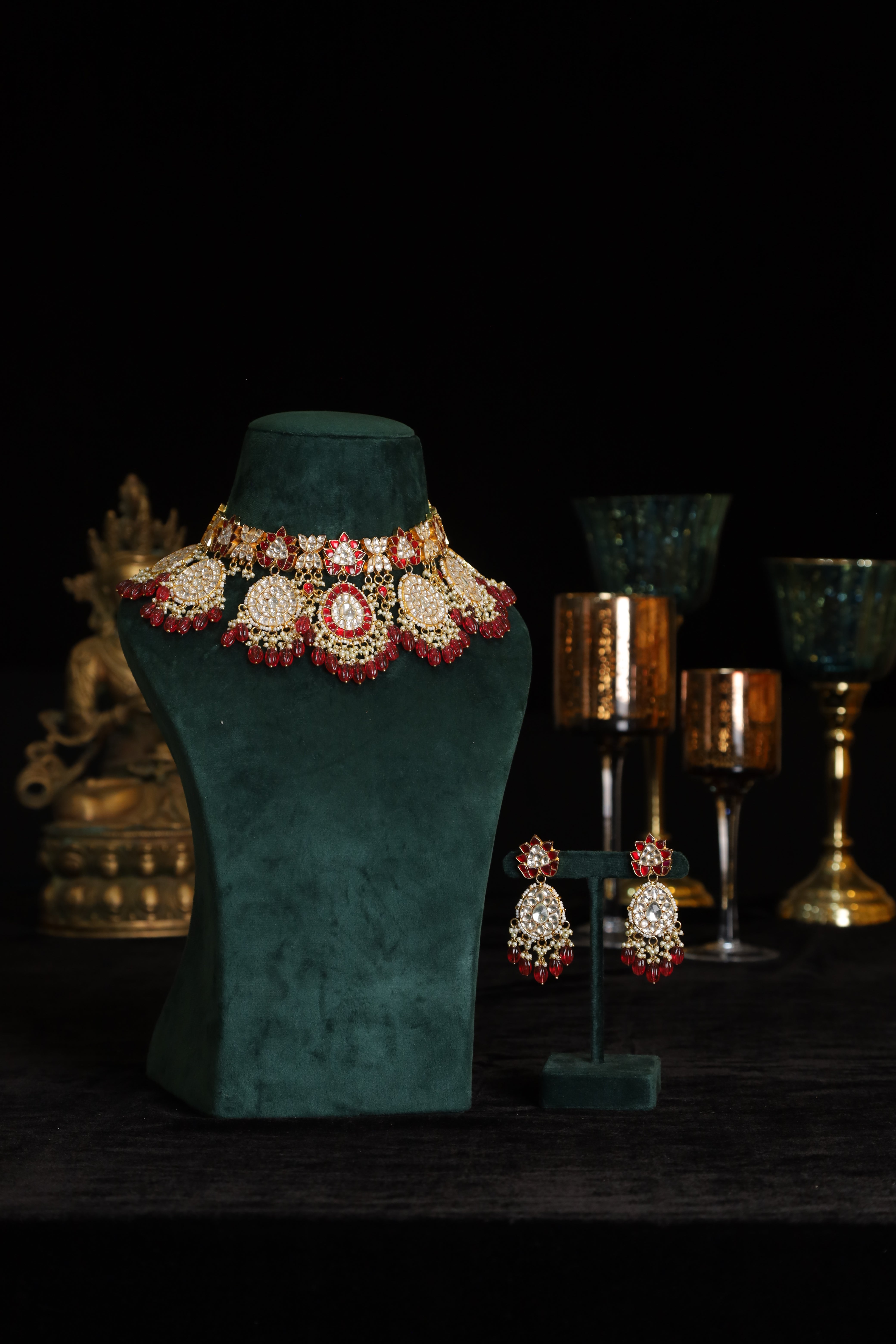 SJN1203- White and Red Colour Gold Plated Jadau Kundan Necklace with Earrings
