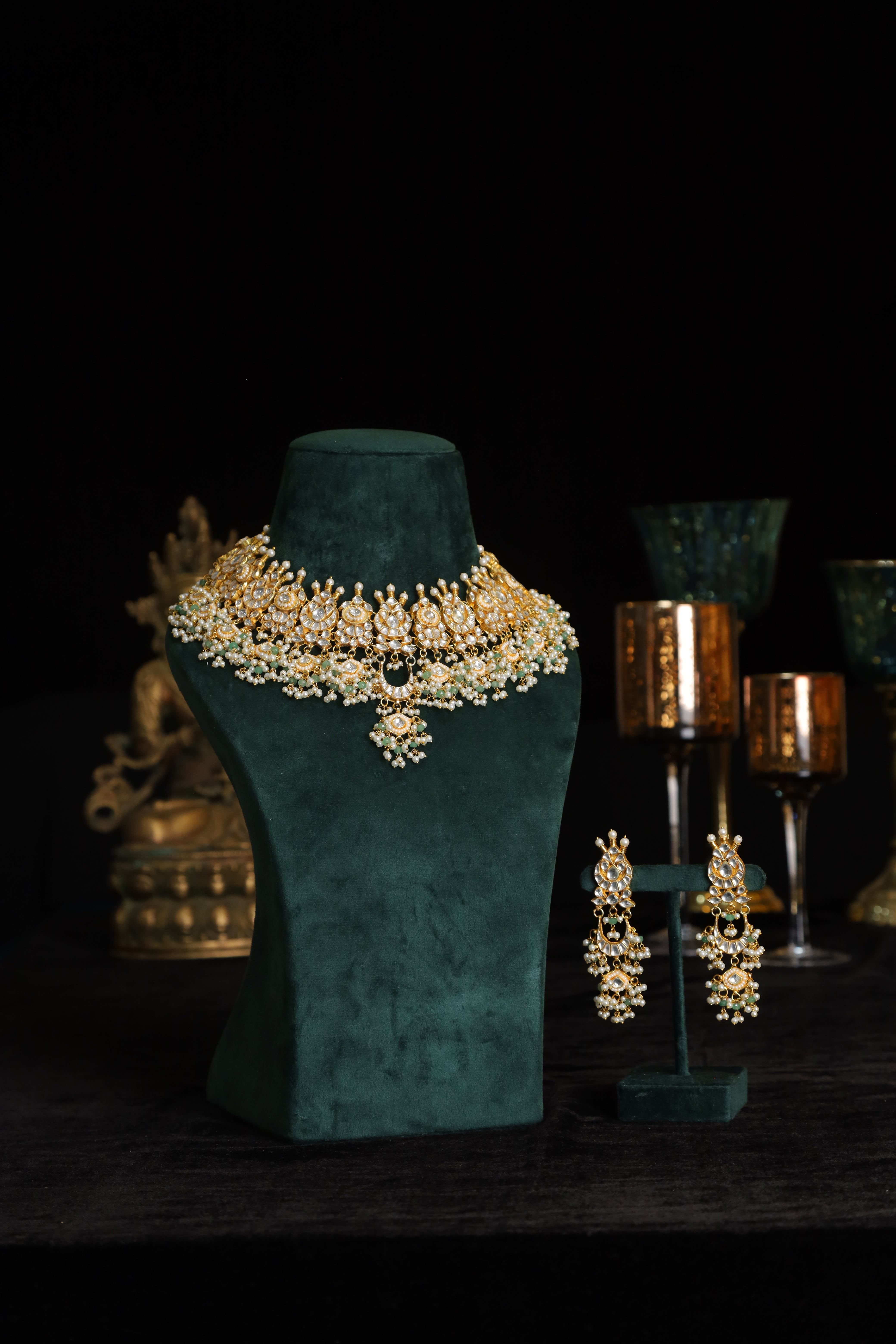 SJN1219- White and Mint Colour Gold Plated Jadau Kundan Necklace with Earrings