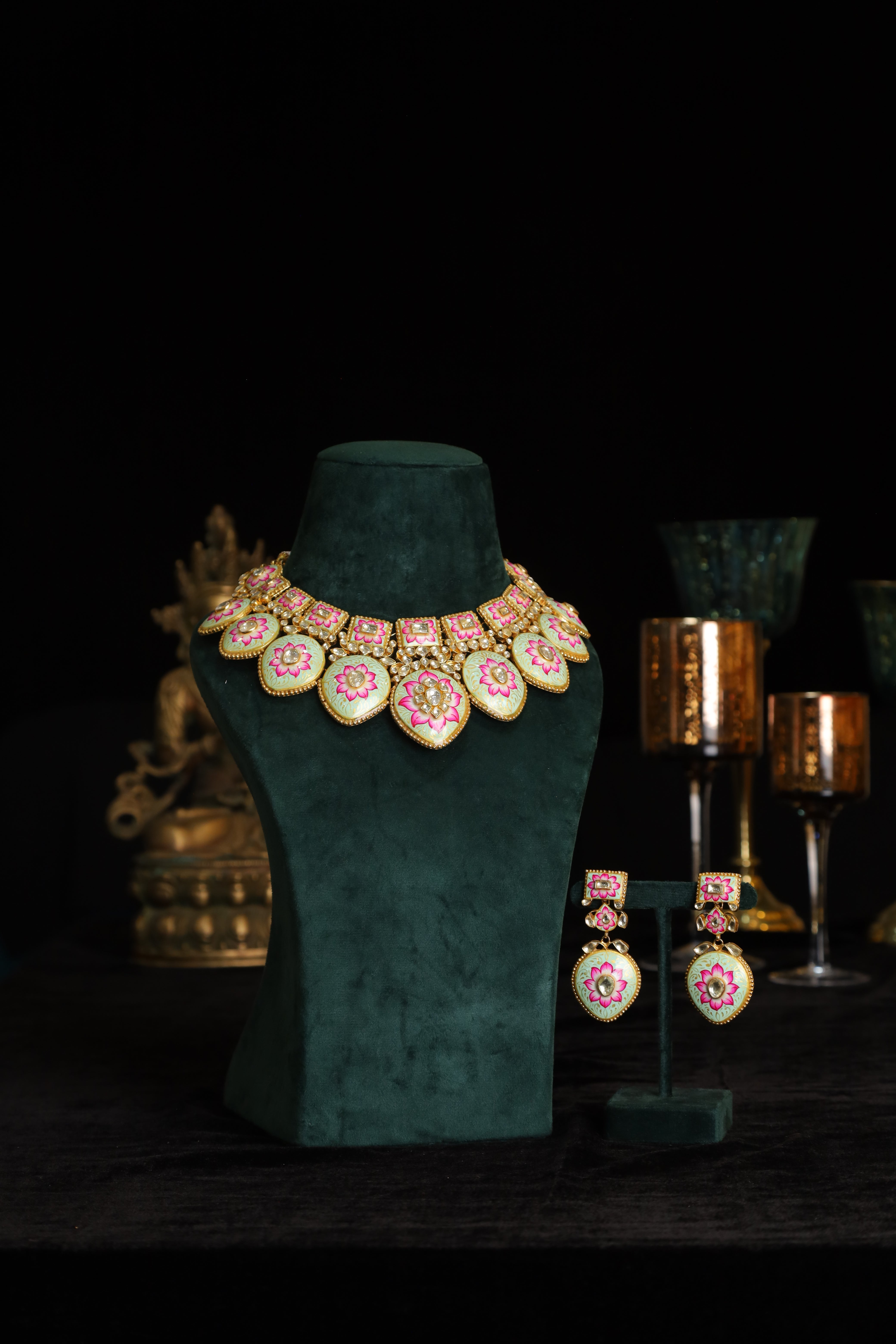 SJN1221- Multi Colour Gold Plated Jadau Kundan Meenakari Necklace with Earrings