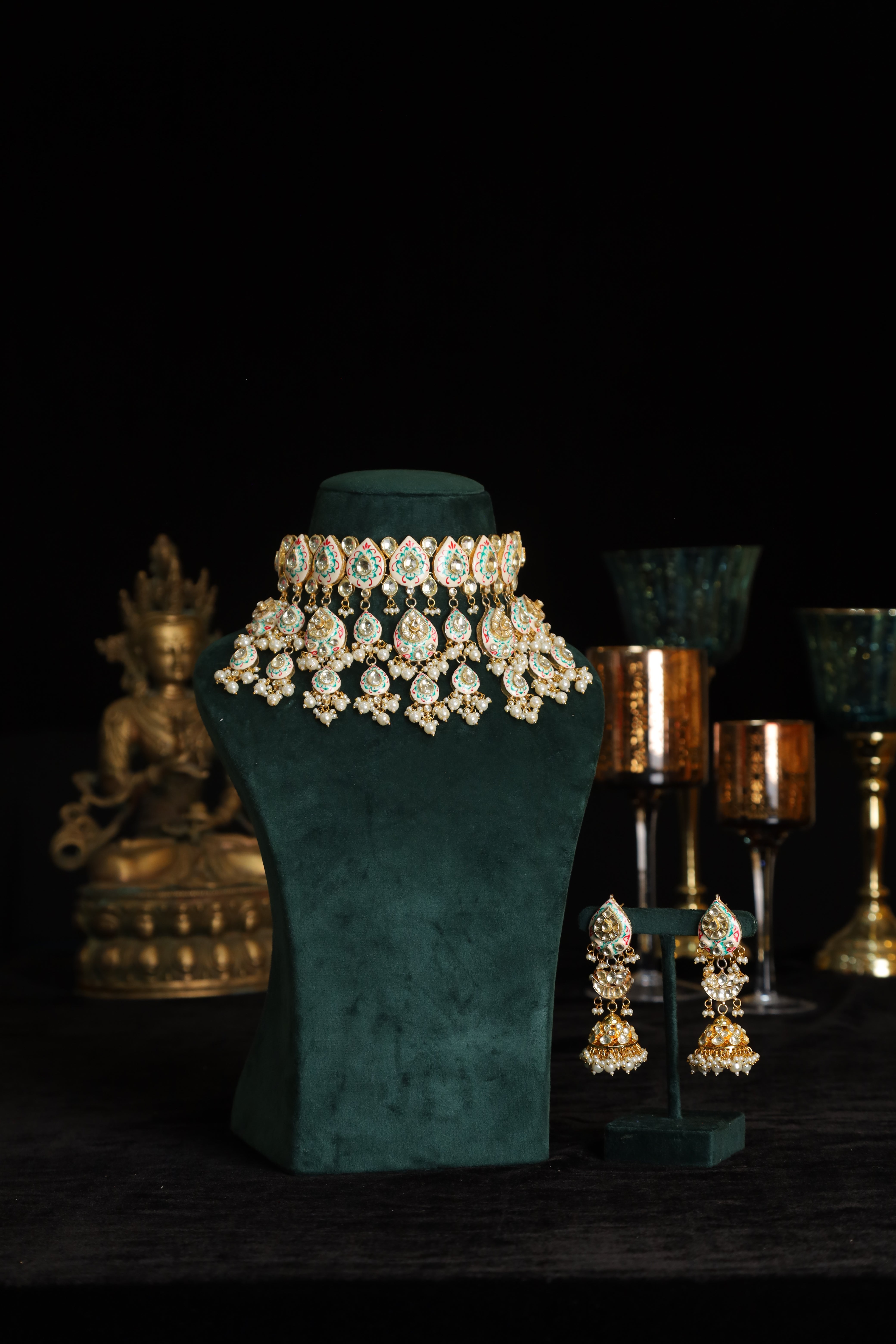 SJN1222- Multi Colour Gold Plated Jadau Kundan Meenakari Necklace with Earrings