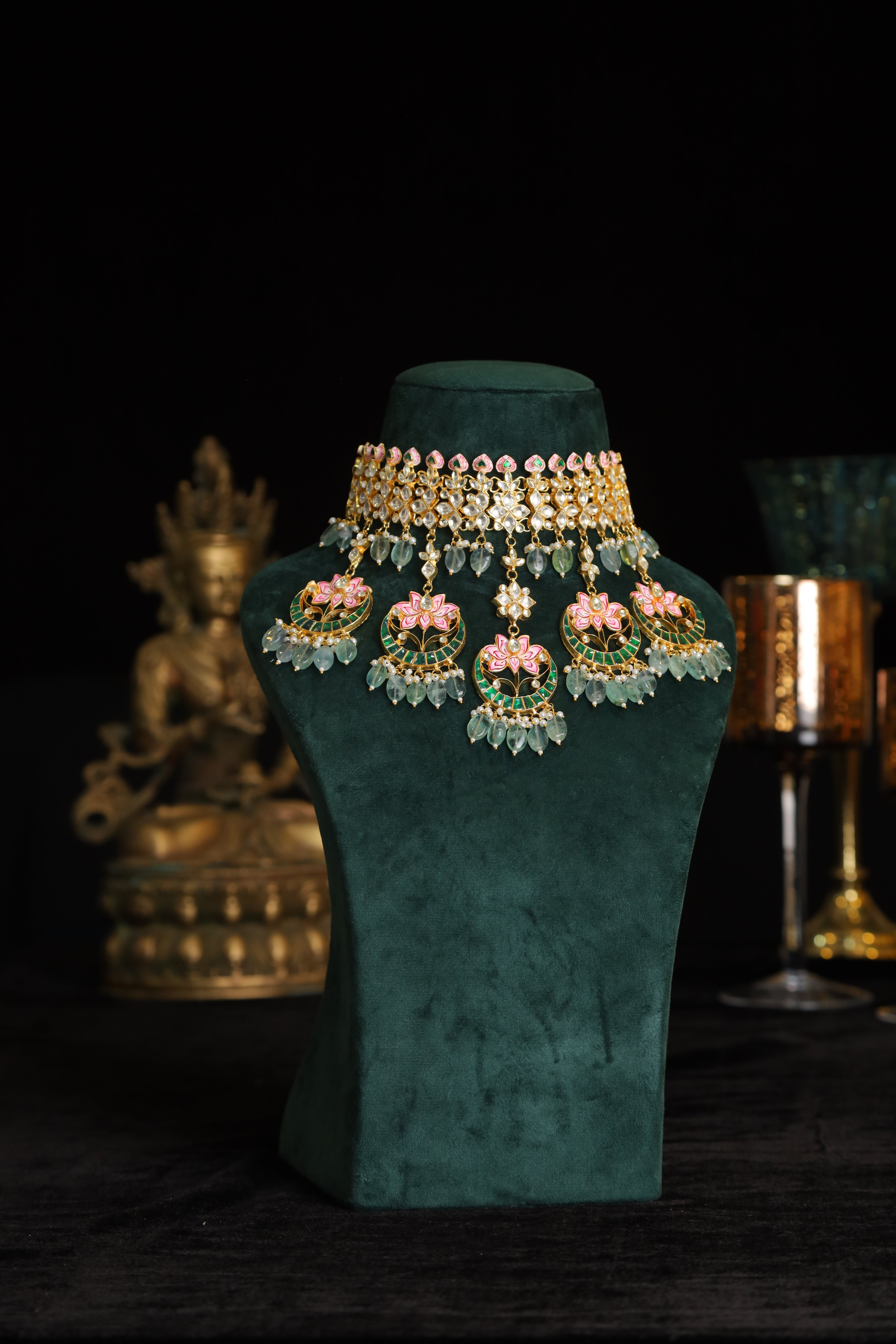 SJN1223- Multi Colour Gold Plated Jadau Kundan Lotus Meenakari Necklace with Earrings