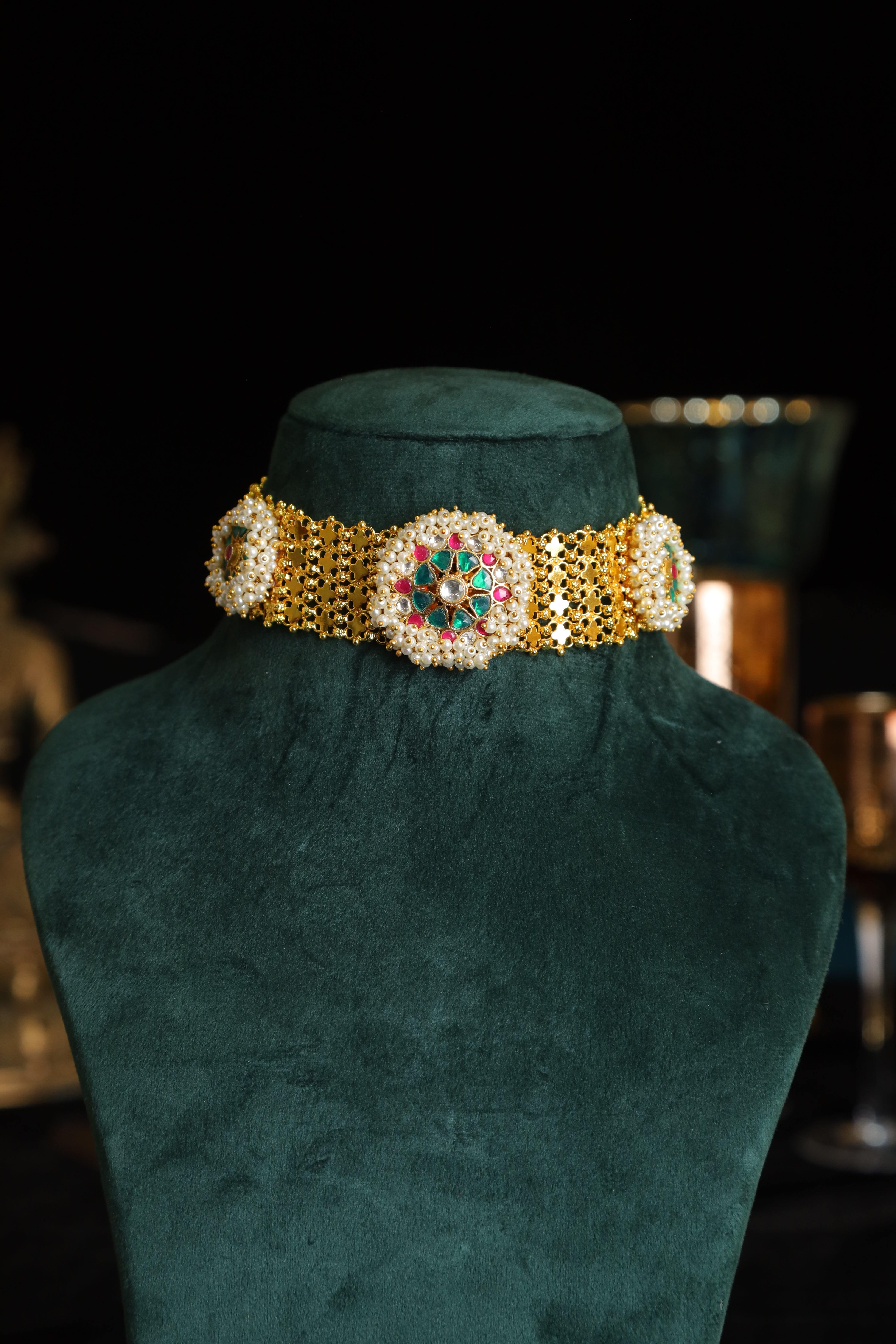 SJN1184- Multi Colour Gold Plated Jadau Kundan Fusion Choker with Earrings