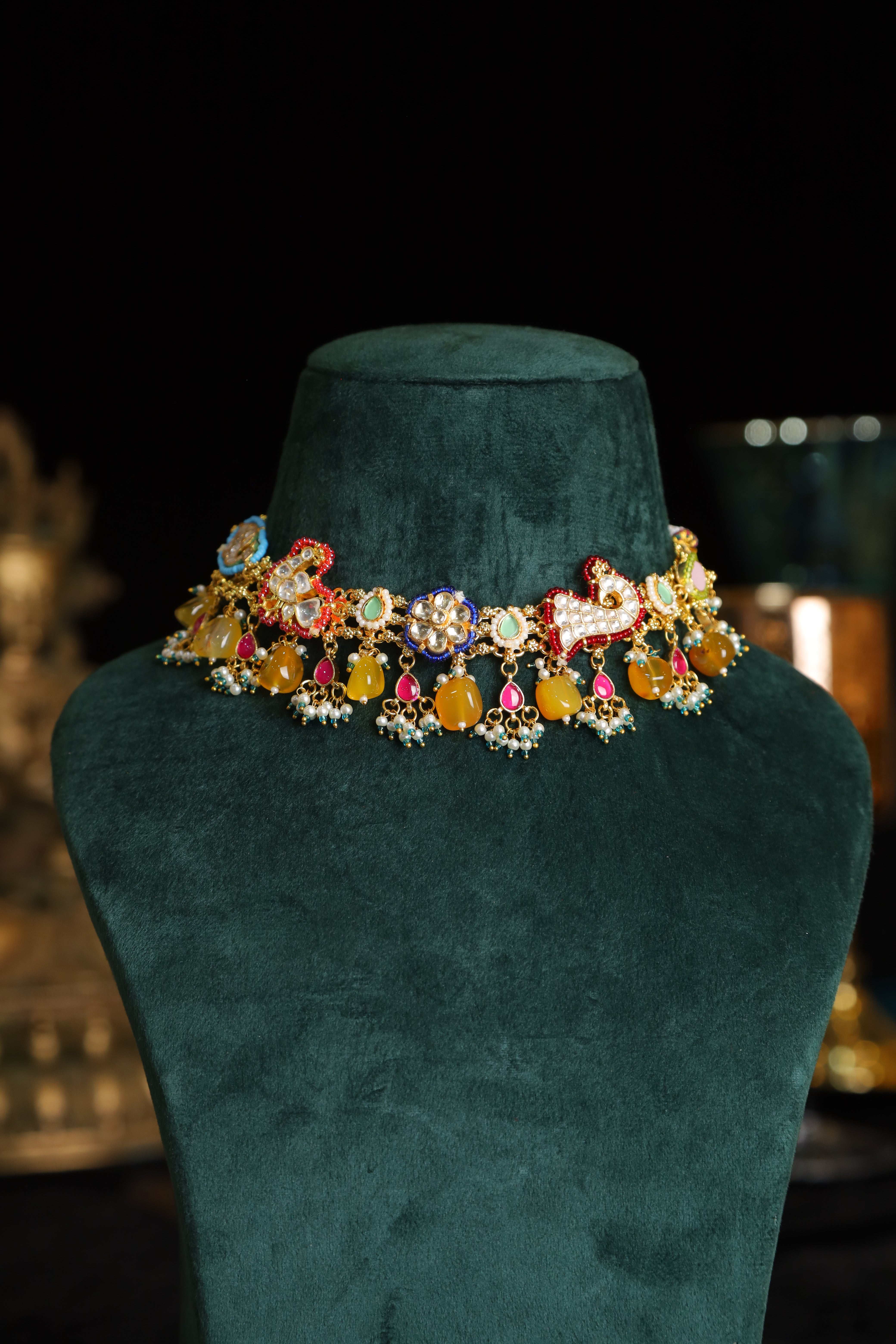 SJN1185- Multi Colour Gold Plated Jadau Kundan Fusion Choker with Earrings