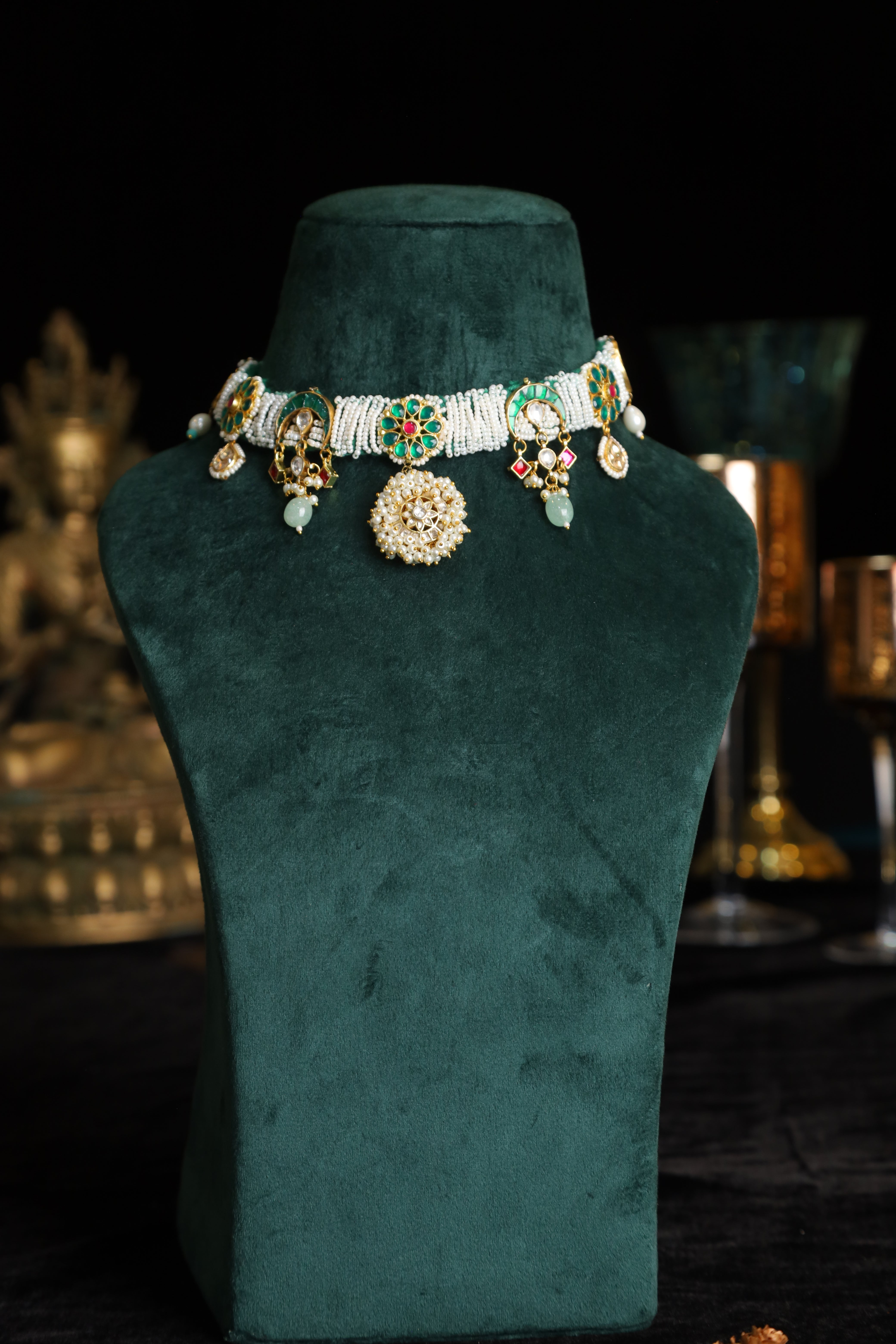 SJN1186- Multi Colour Gold Plated Jadau Kundan Fusion Choker with Earrings