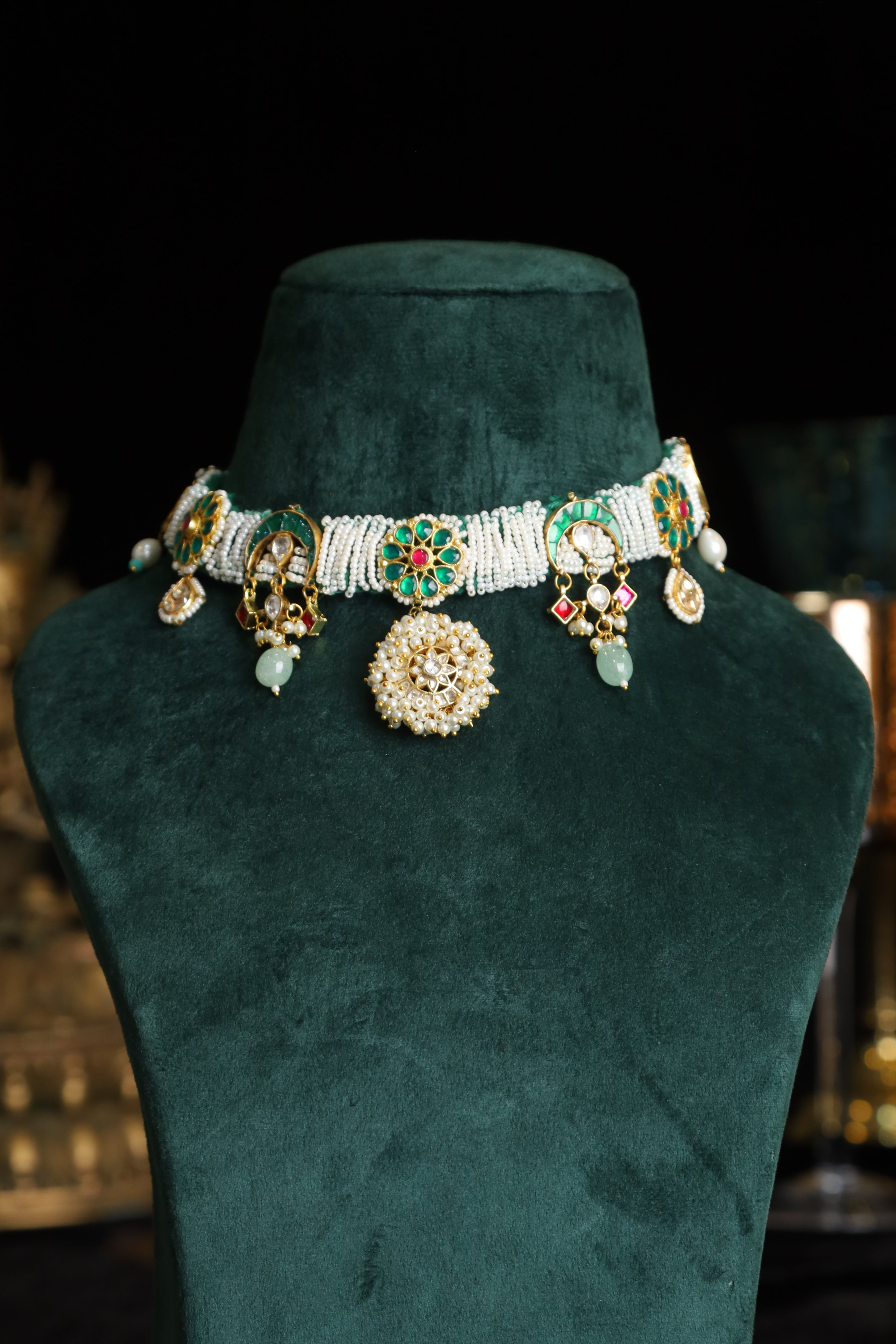 SJN1186- Multi Colour Gold Plated Jadau Kundan Fusion Choker with Earrings