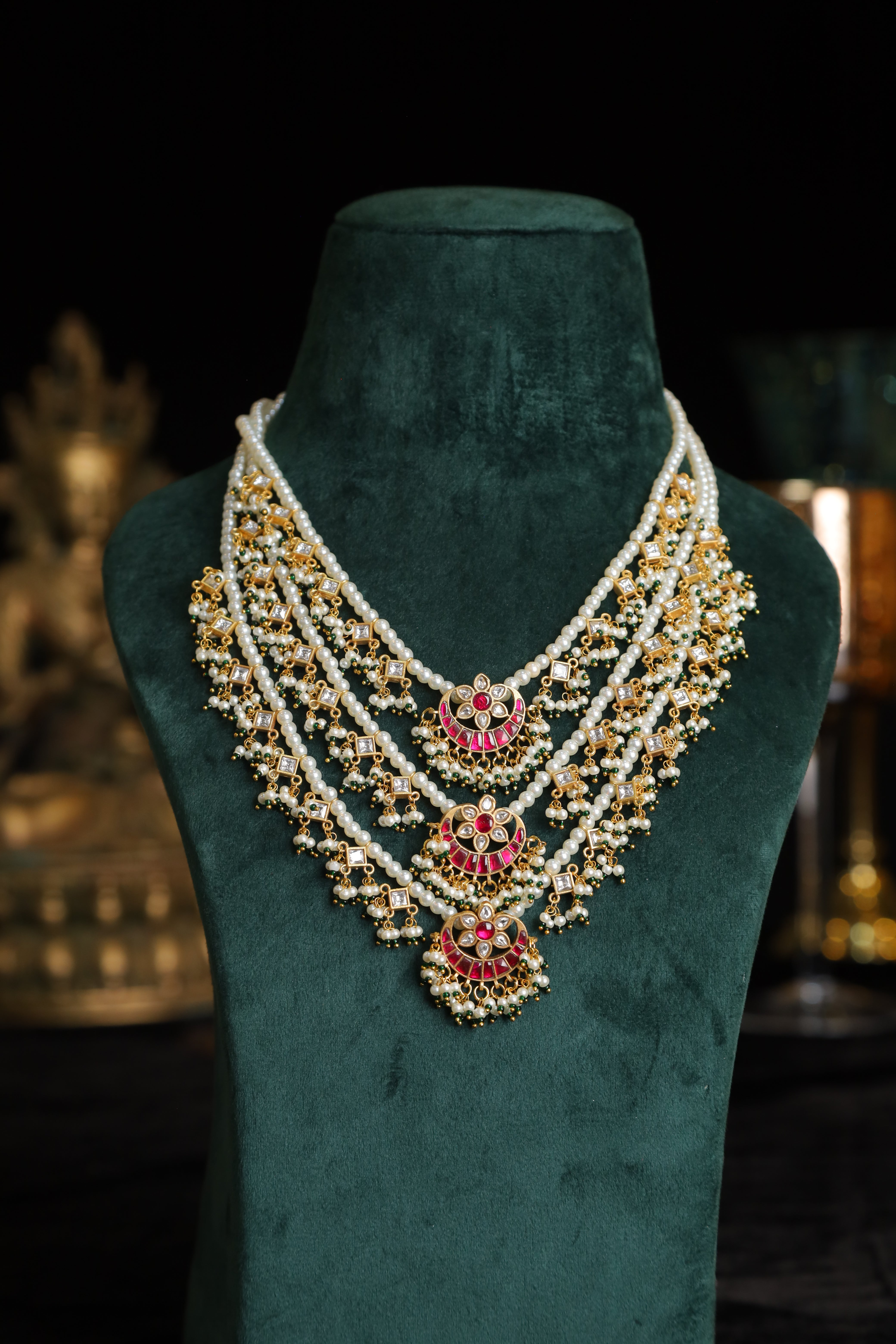 SJN1225- Multi Colour Gold Plated Jadau Kundan Temple Raani Haar (3 Lines)