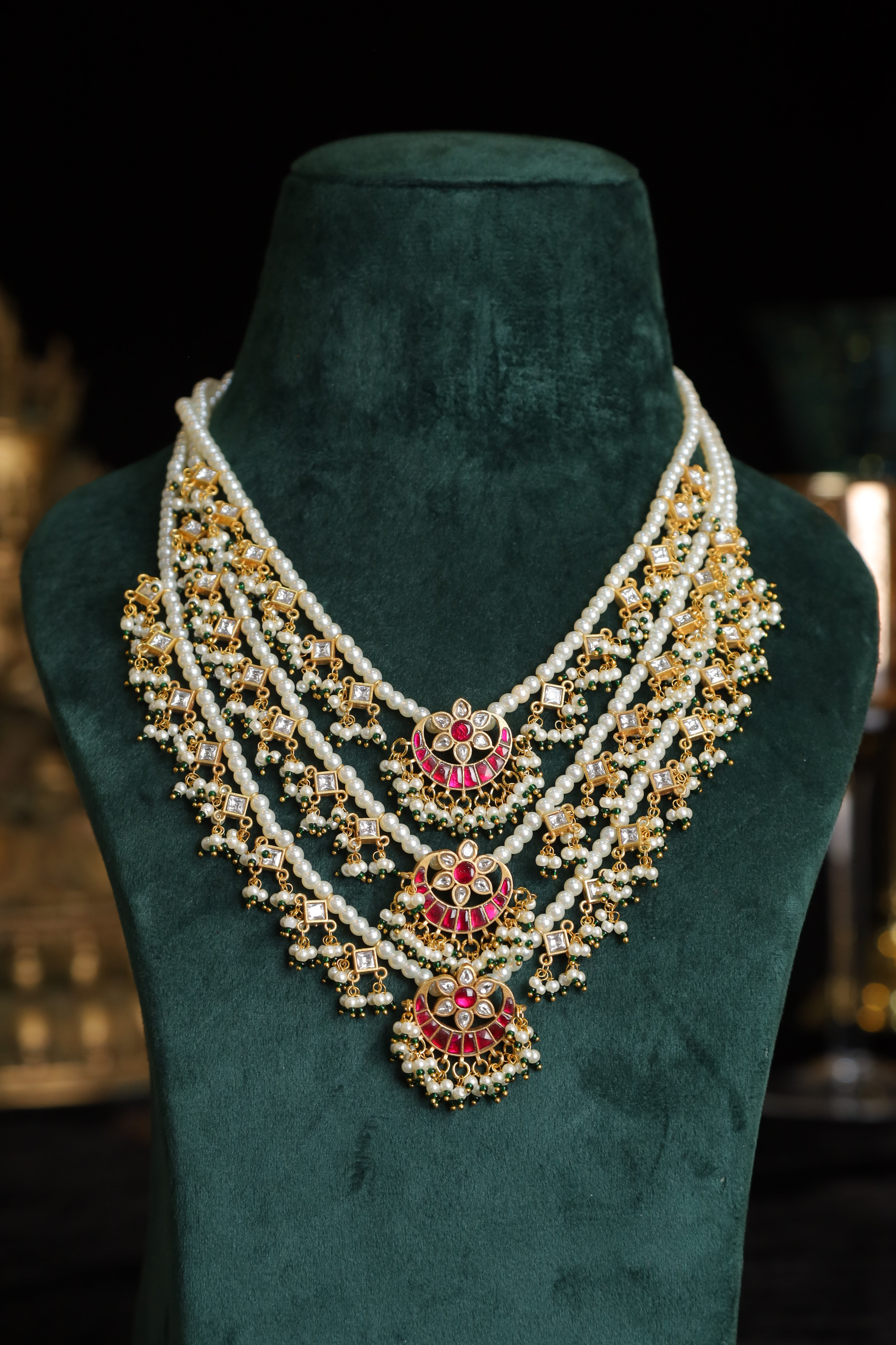 SJN1225- Multi Colour Gold Plated Jadau Kundan Temple Raani Haar (3 Lines)