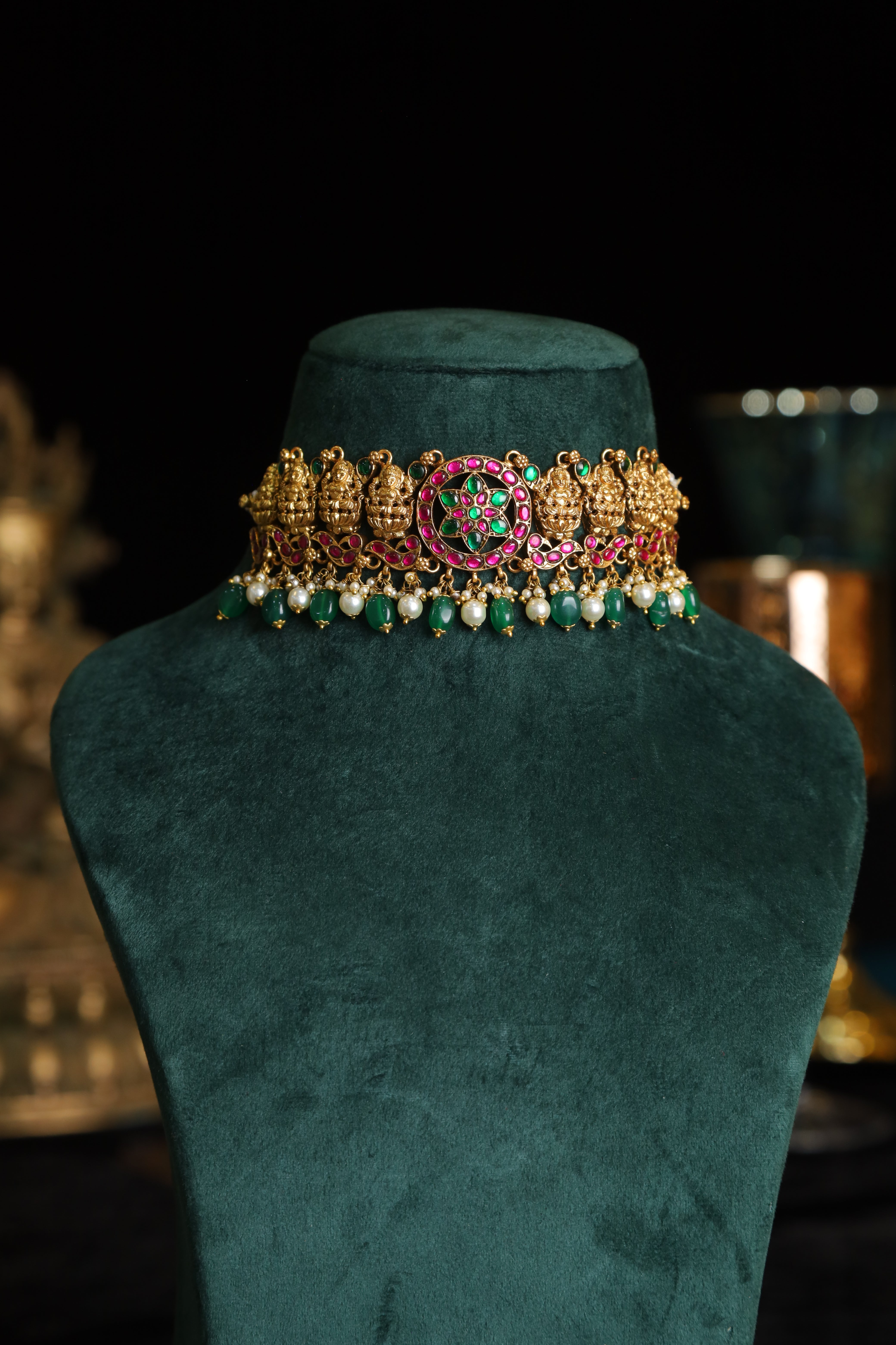 SJN1226- Multi Colour Gold Plated Jadau Kundan Temple Choker