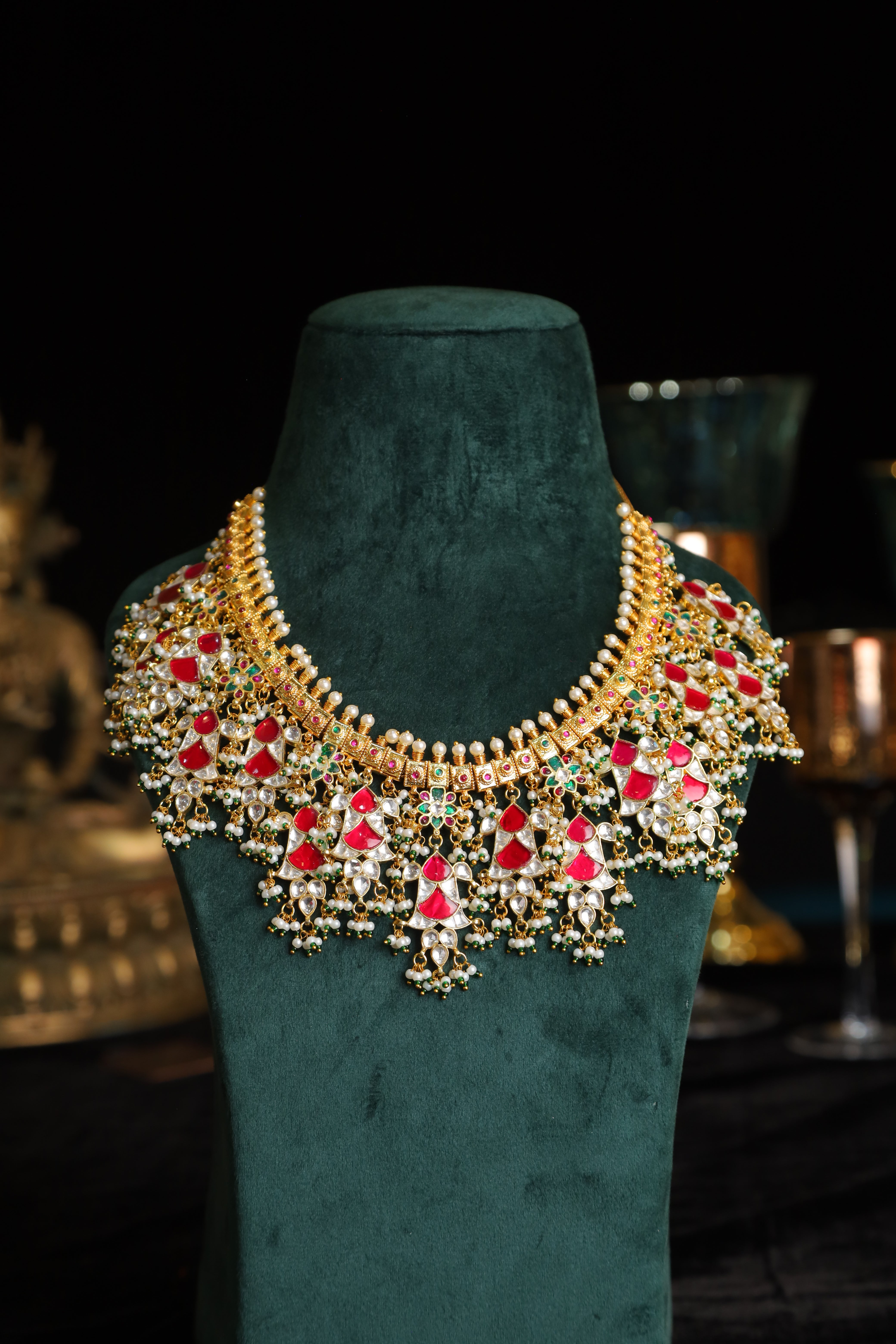 SJN1228- Multi Colour Gold Plated Jadau Kundan Temple Long Necklace