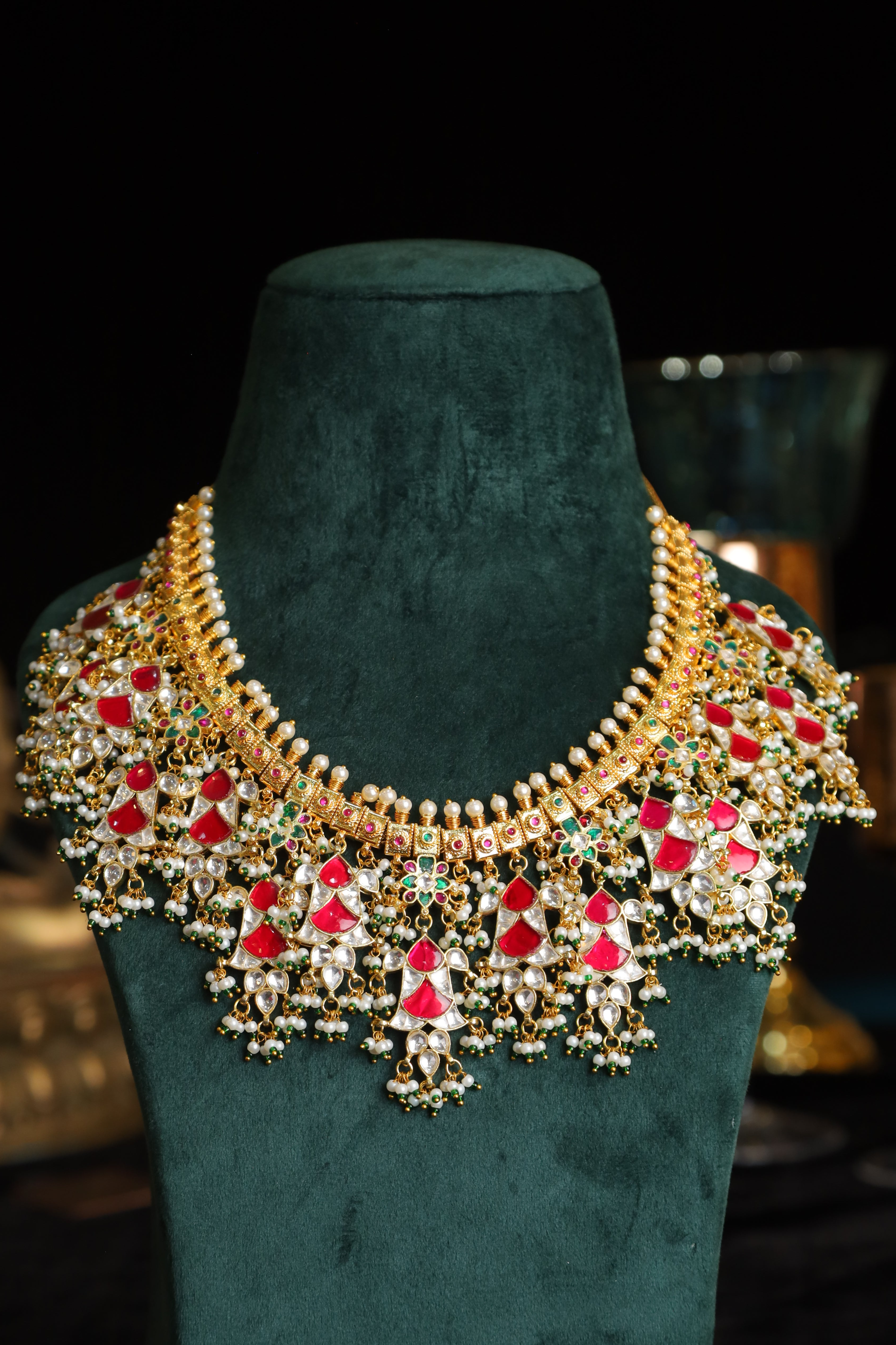 SJN1228- Multi Colour Gold Plated Jadau Kundan Temple Long Necklace