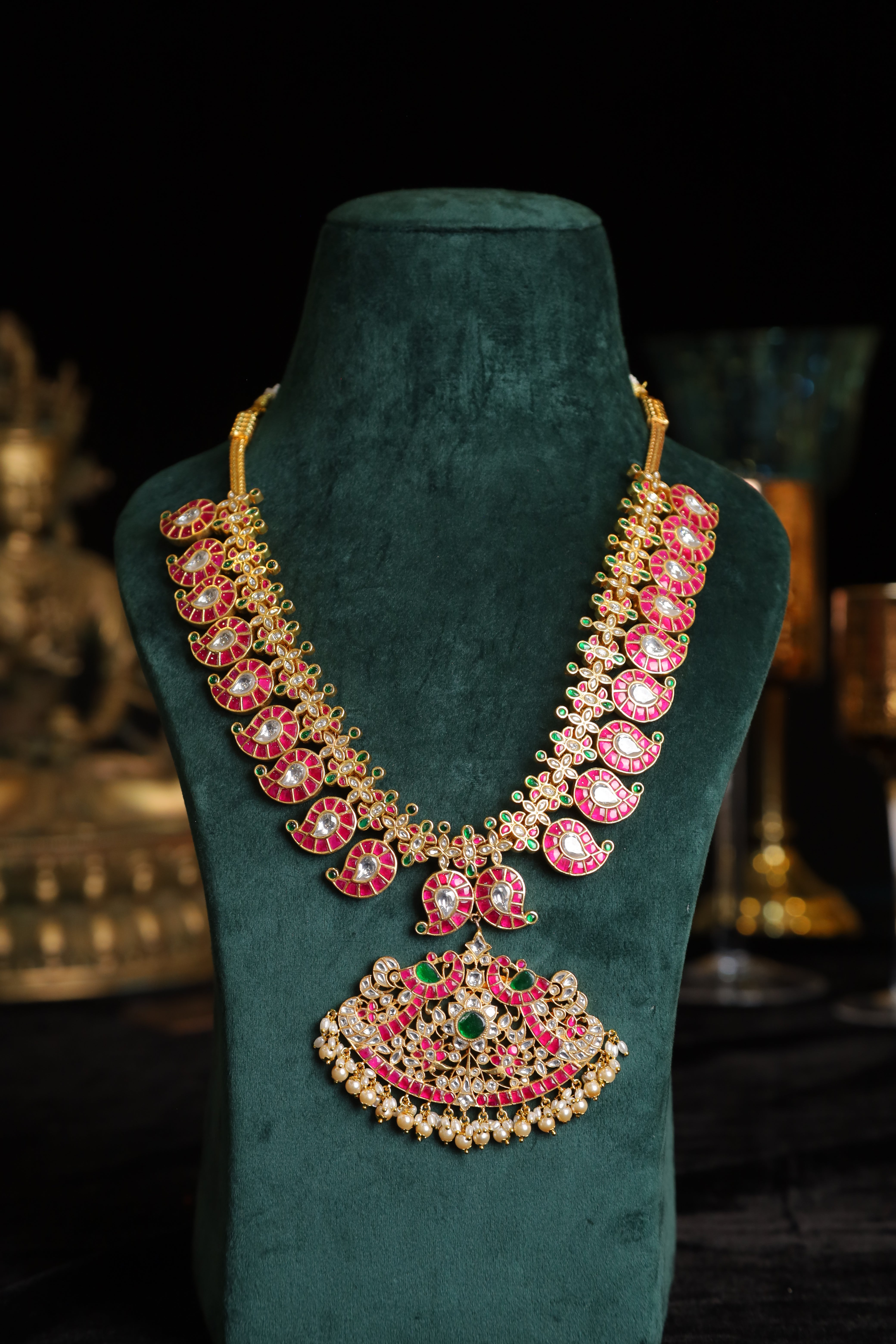 SJN1229- Multi Colour Gold Plated Jadau Kundan Temple Long Necklace