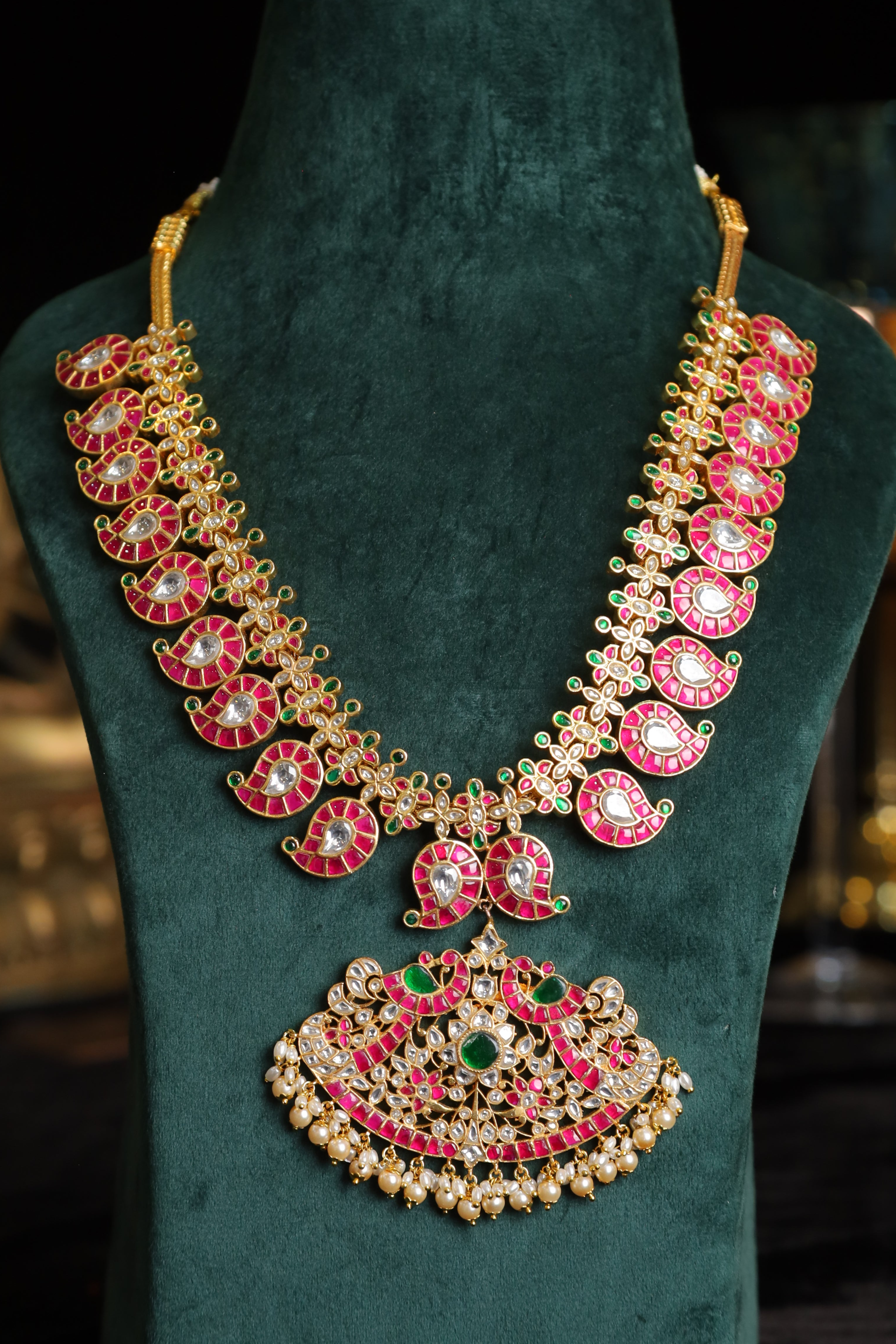 SJN1229- Multi Colour Gold Plated Jadau Kundan Temple Long Necklace