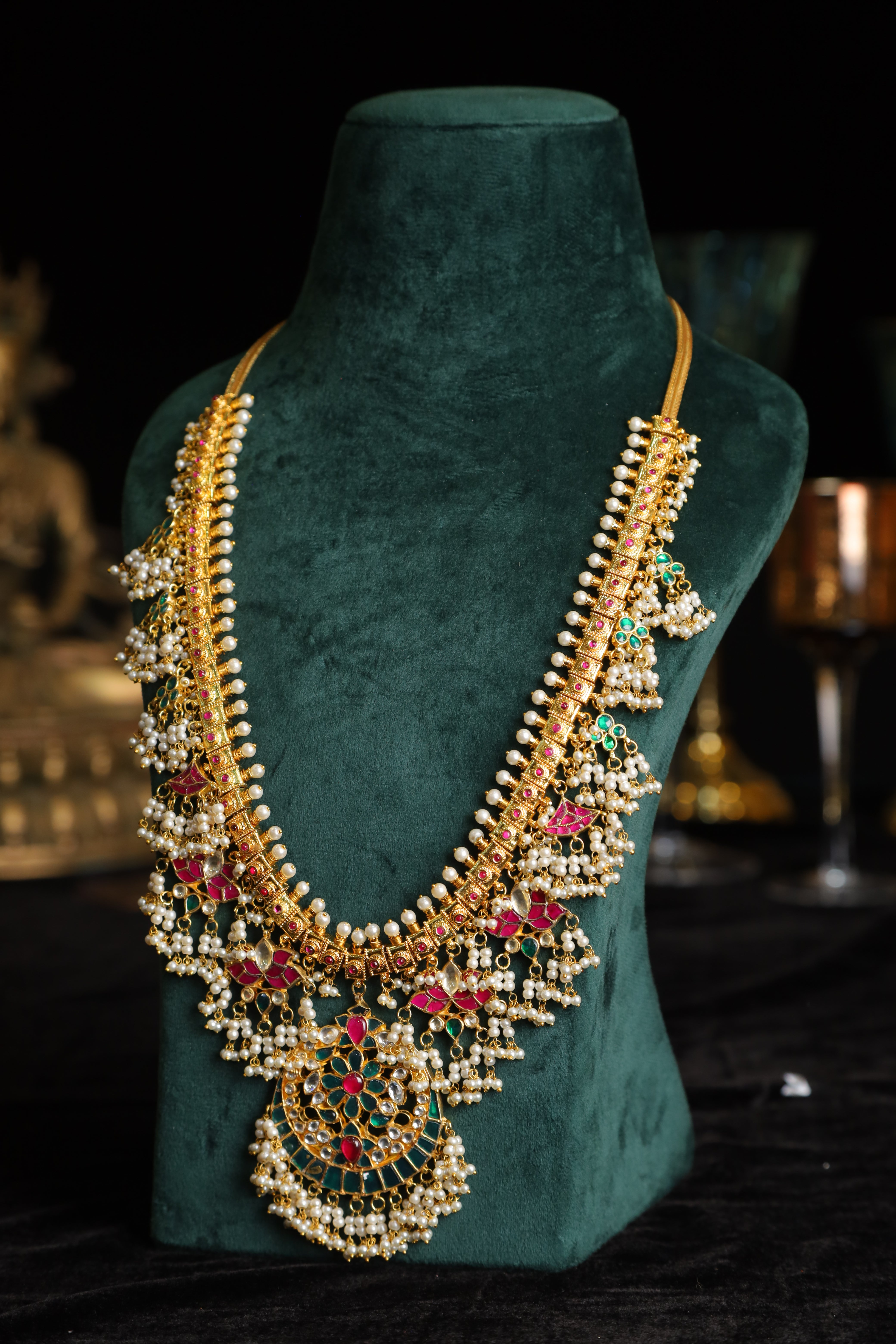 SJN1230- Multi Colour Gold Plated Jadau Kundan Temple Long Necklace