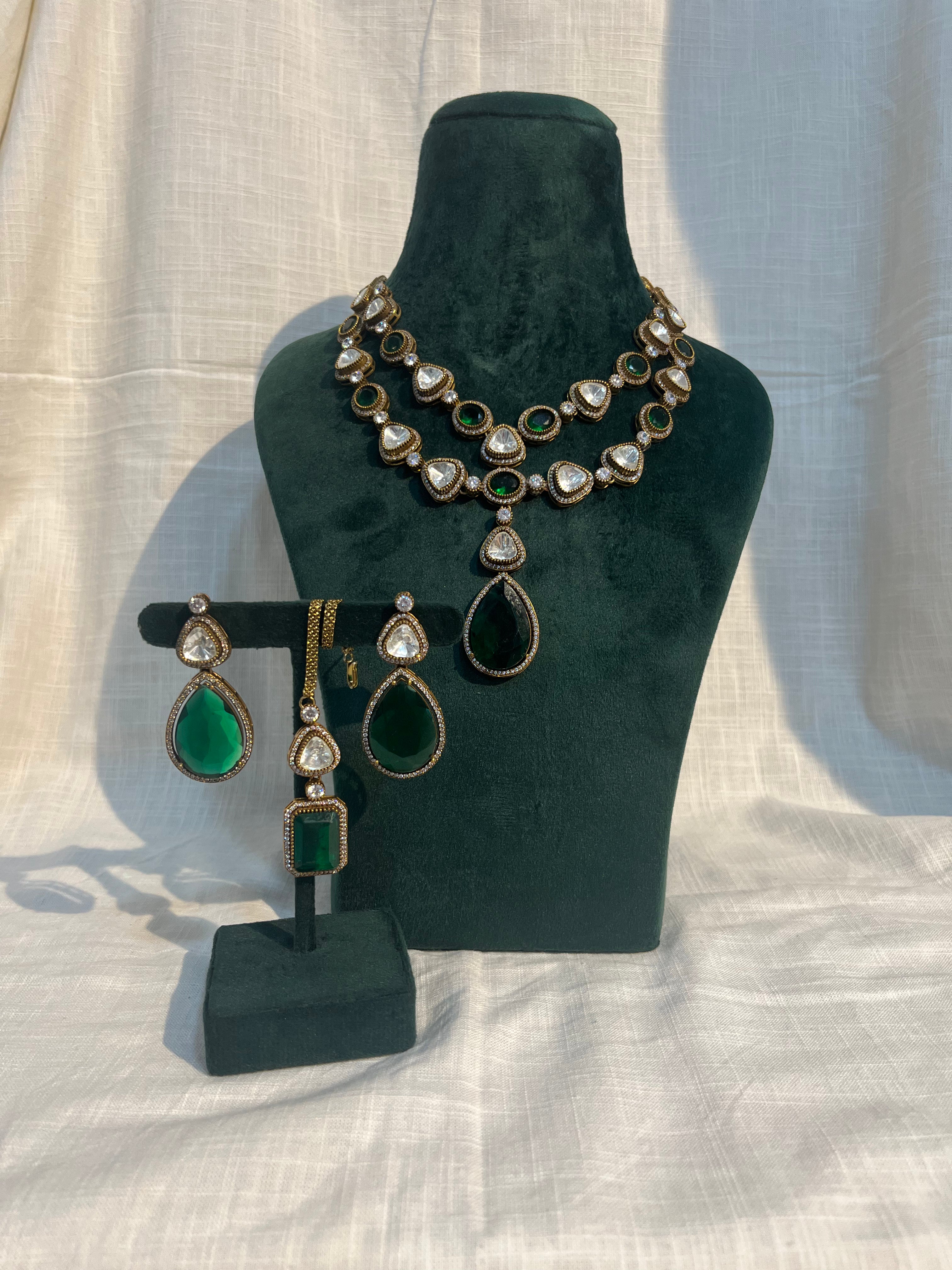 Green Colour Gold Plated Uncut Necklace with Earrings and Tika wore by Priyanka Sharma