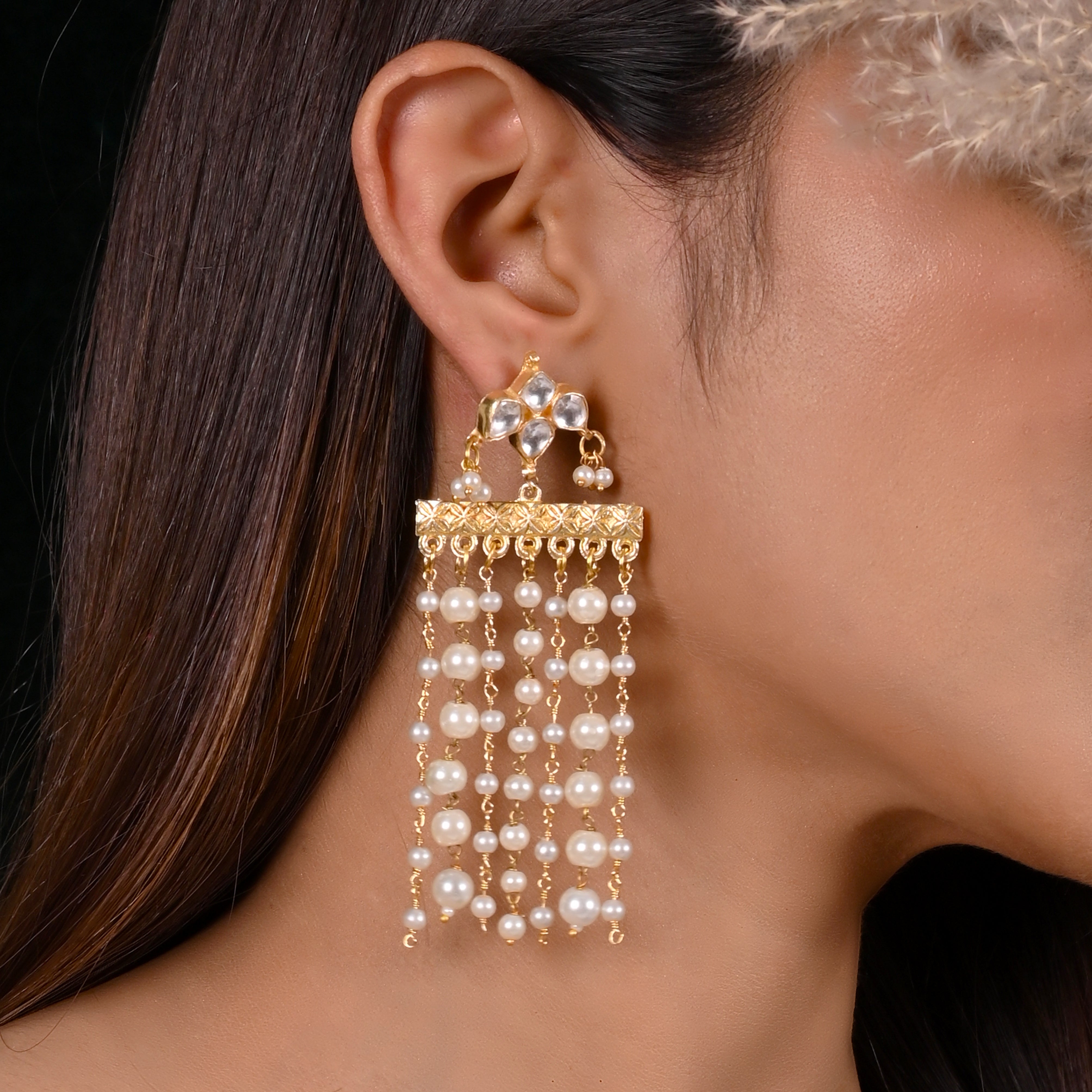 SJE004- White Colour Gold Plated Jadau Kundan Dangler Earrings wore by Dipali Patel
