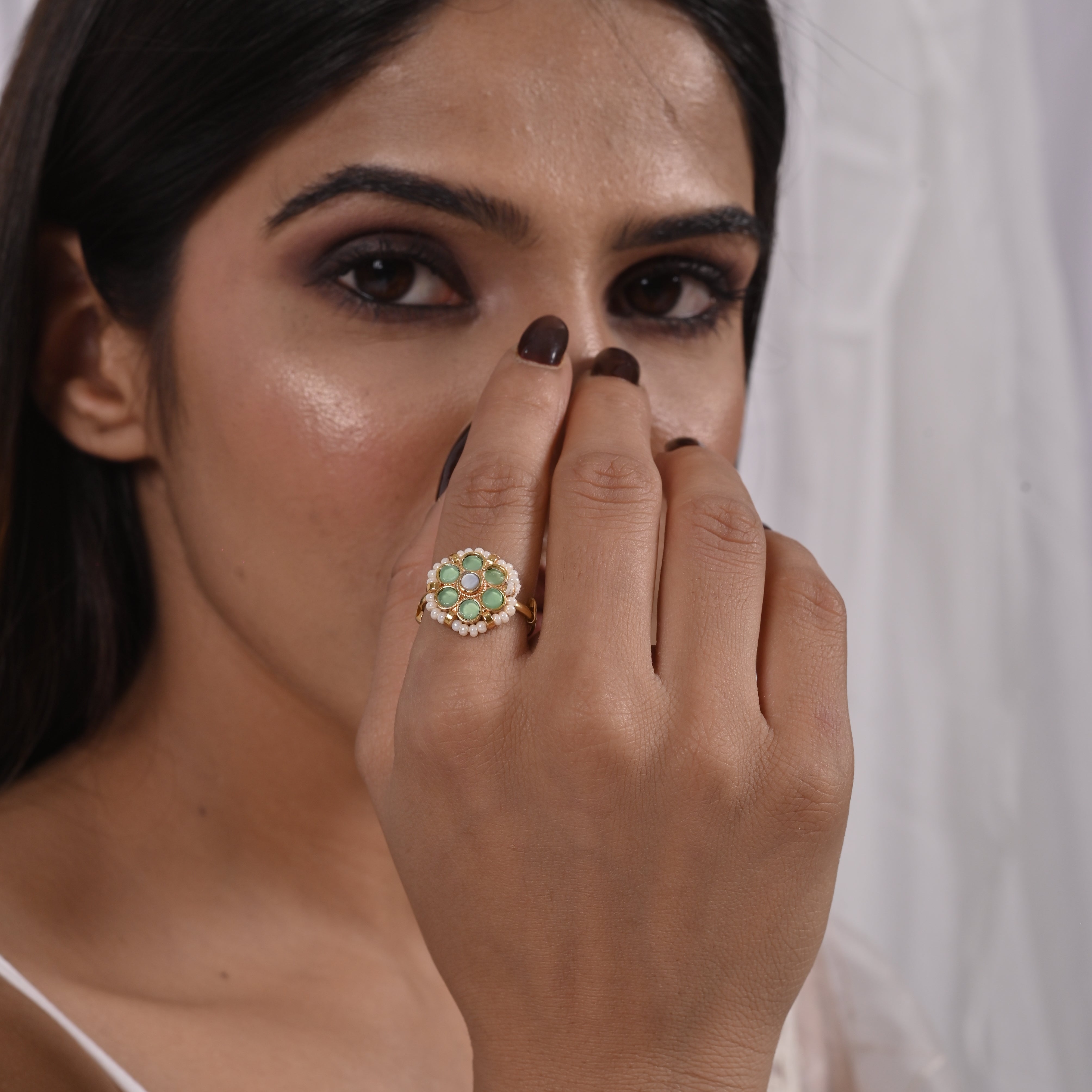 SJR0027- Green Colour Gold Plated Jadau Kundan Ring