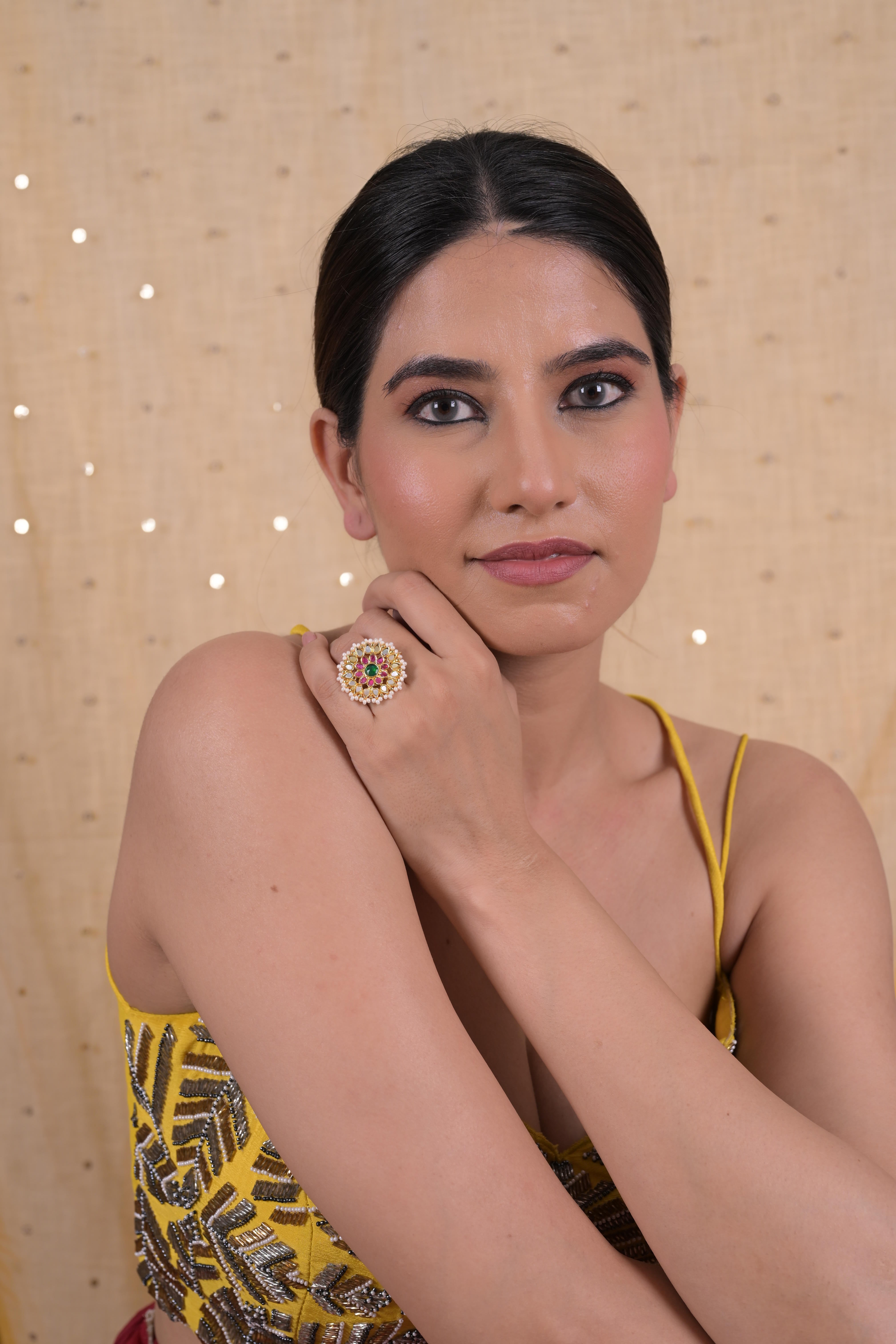 SJR0022- Multi Colour Gold Plated Jadau Kundan Ring