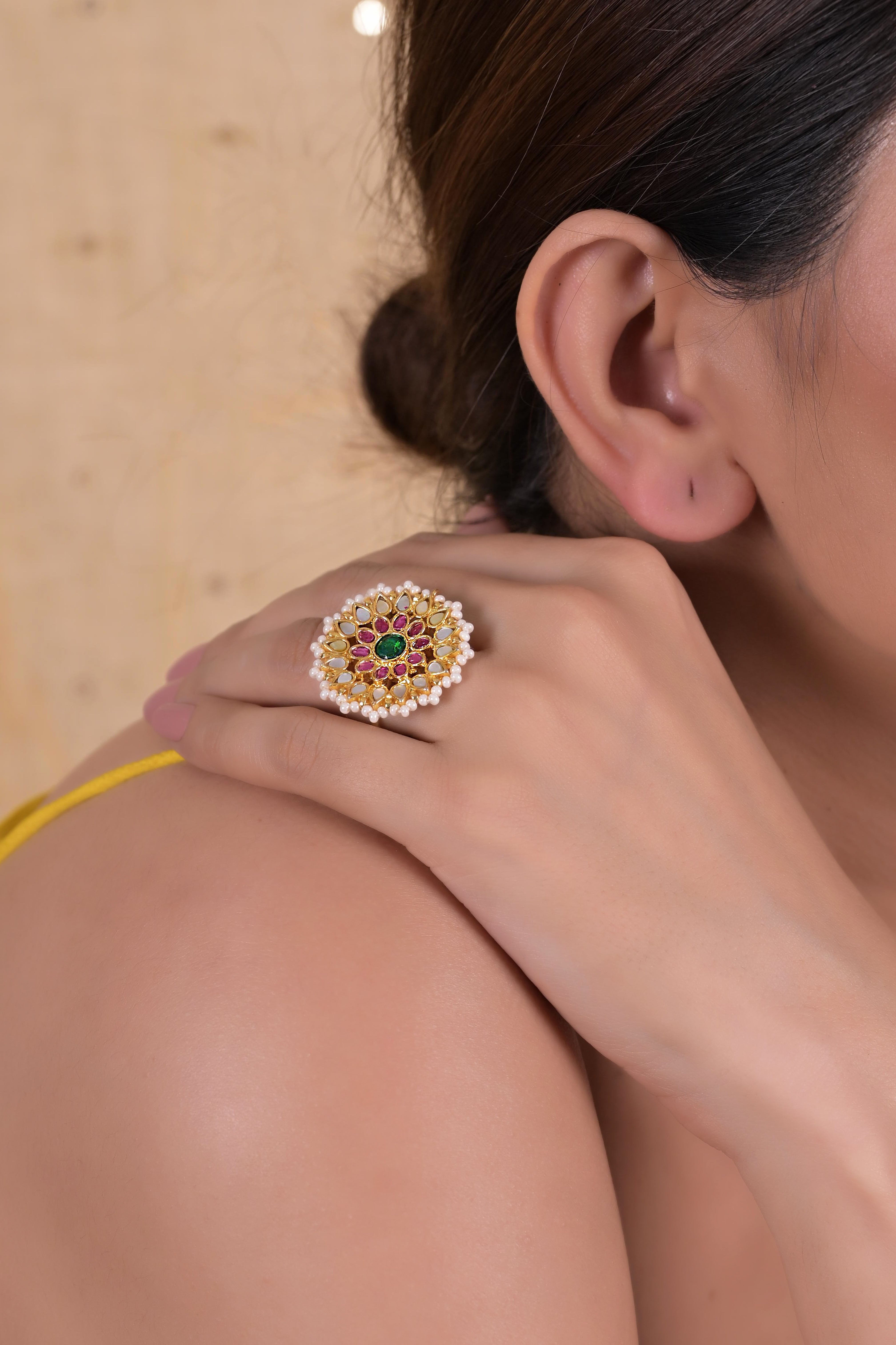SJR0022- Multi Colour Gold Plated Jadau Kundan Ring