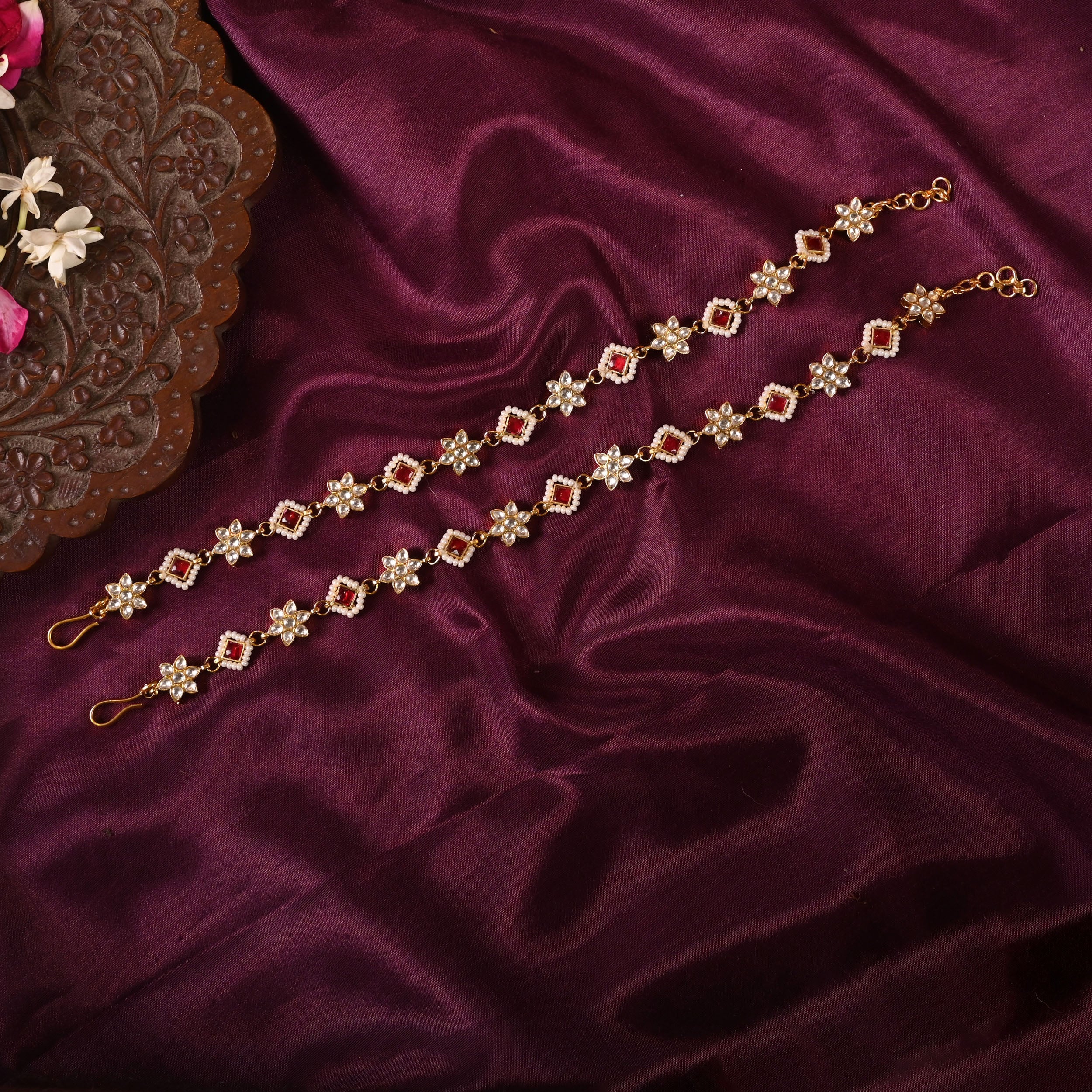 SJA0001- Pink and White Color Gold Plated Jadau Kundan Anklet