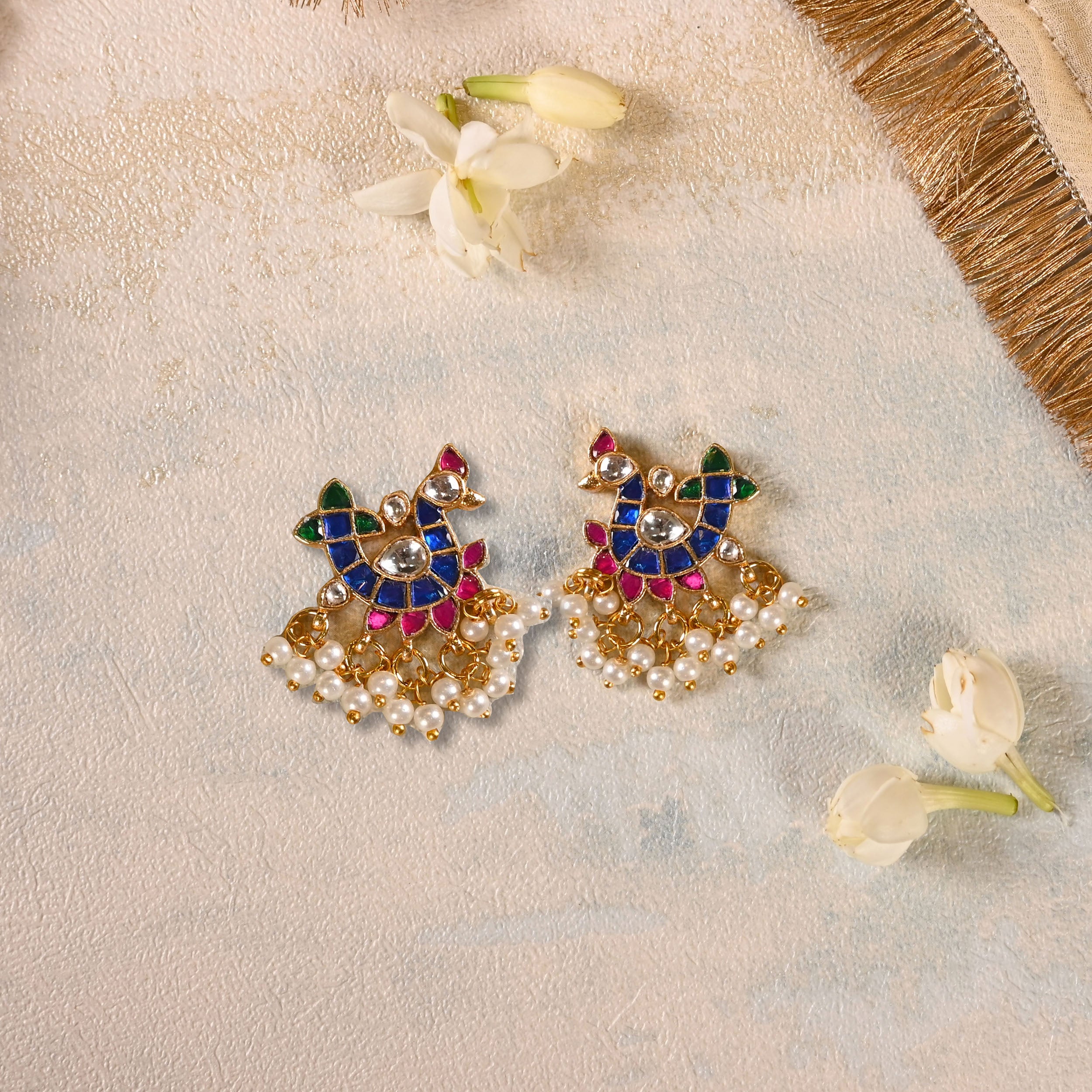 SJE1039- Multi Colour Gold Plated Jadau Kundan Peacock Motif studs Earrings