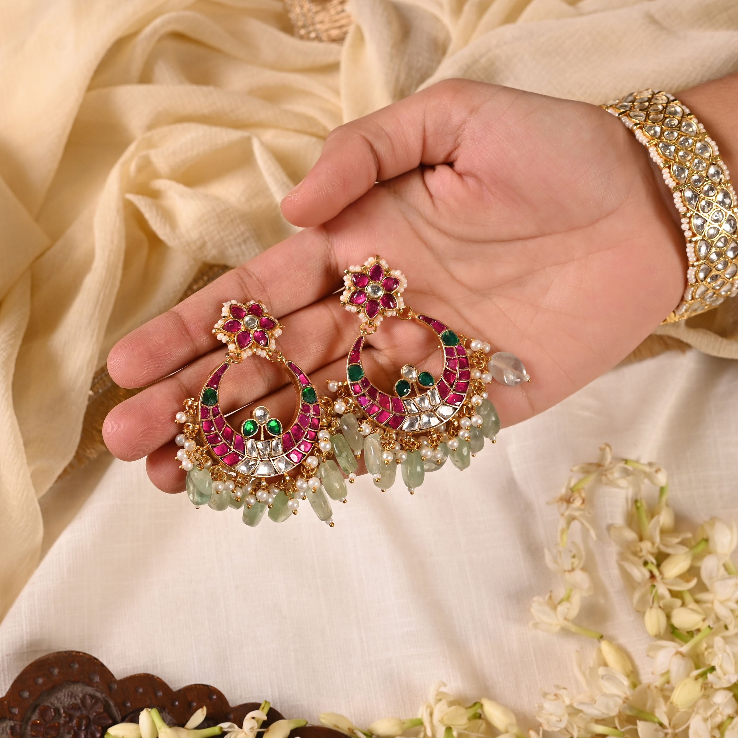 SJE1019- Multi Colour Gold Plated Jadau Kundna Chandbali Earrings