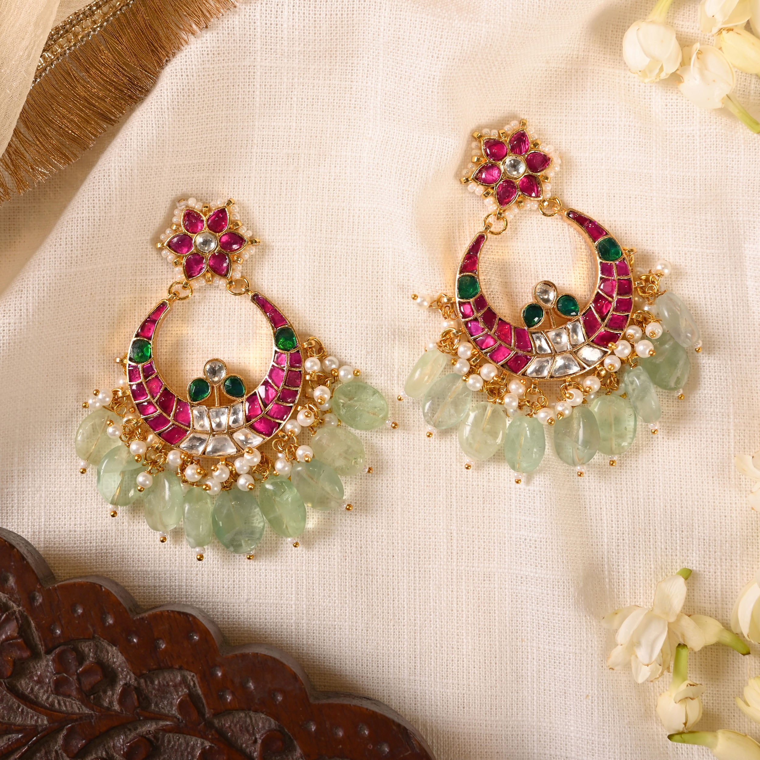 SJE1019- Multi Colour Gold Plated Jadau Kundna Chandbali Earrings