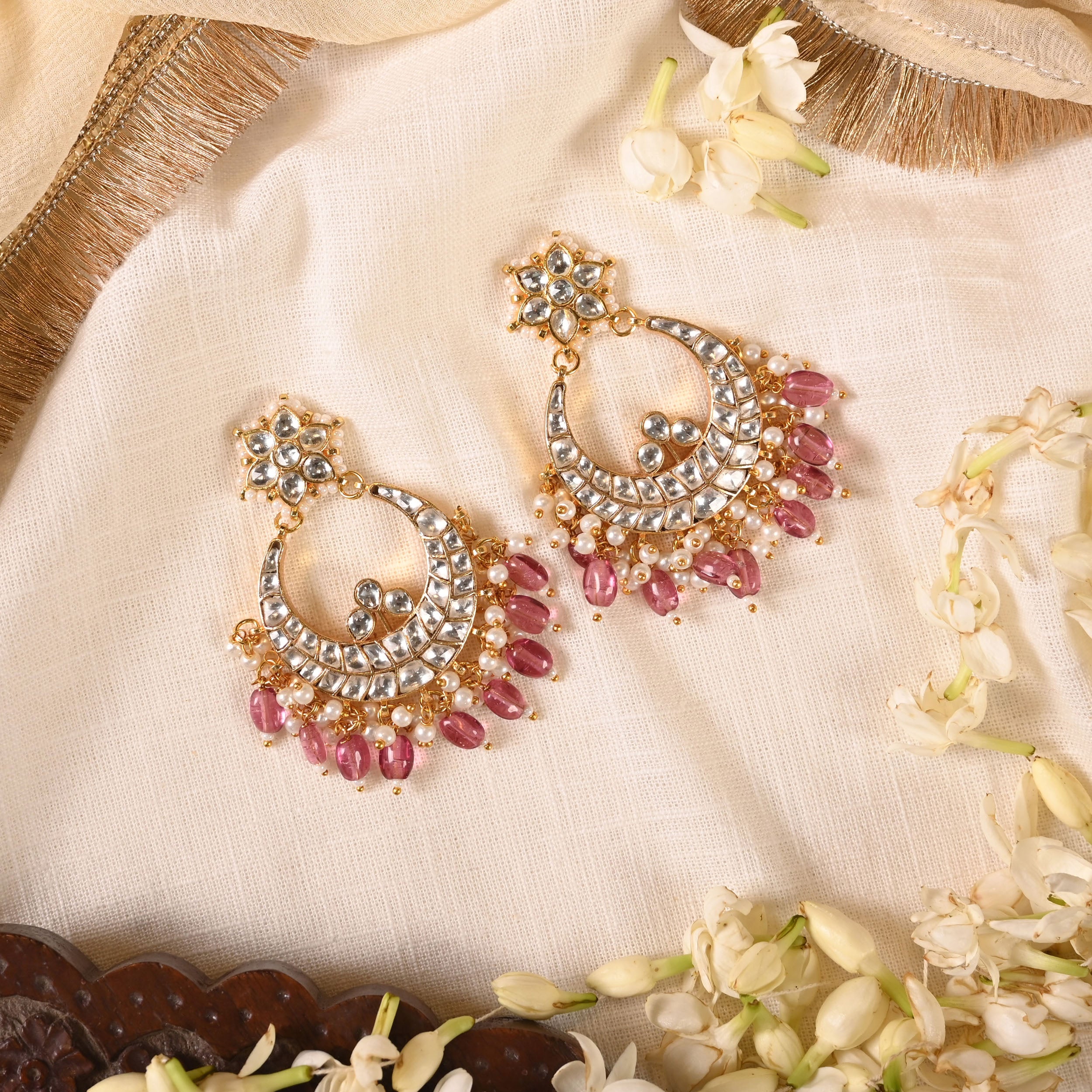 SJE1020- White and Pink Colour Gold Plated Jadau Kundan Chandbali Earrings
