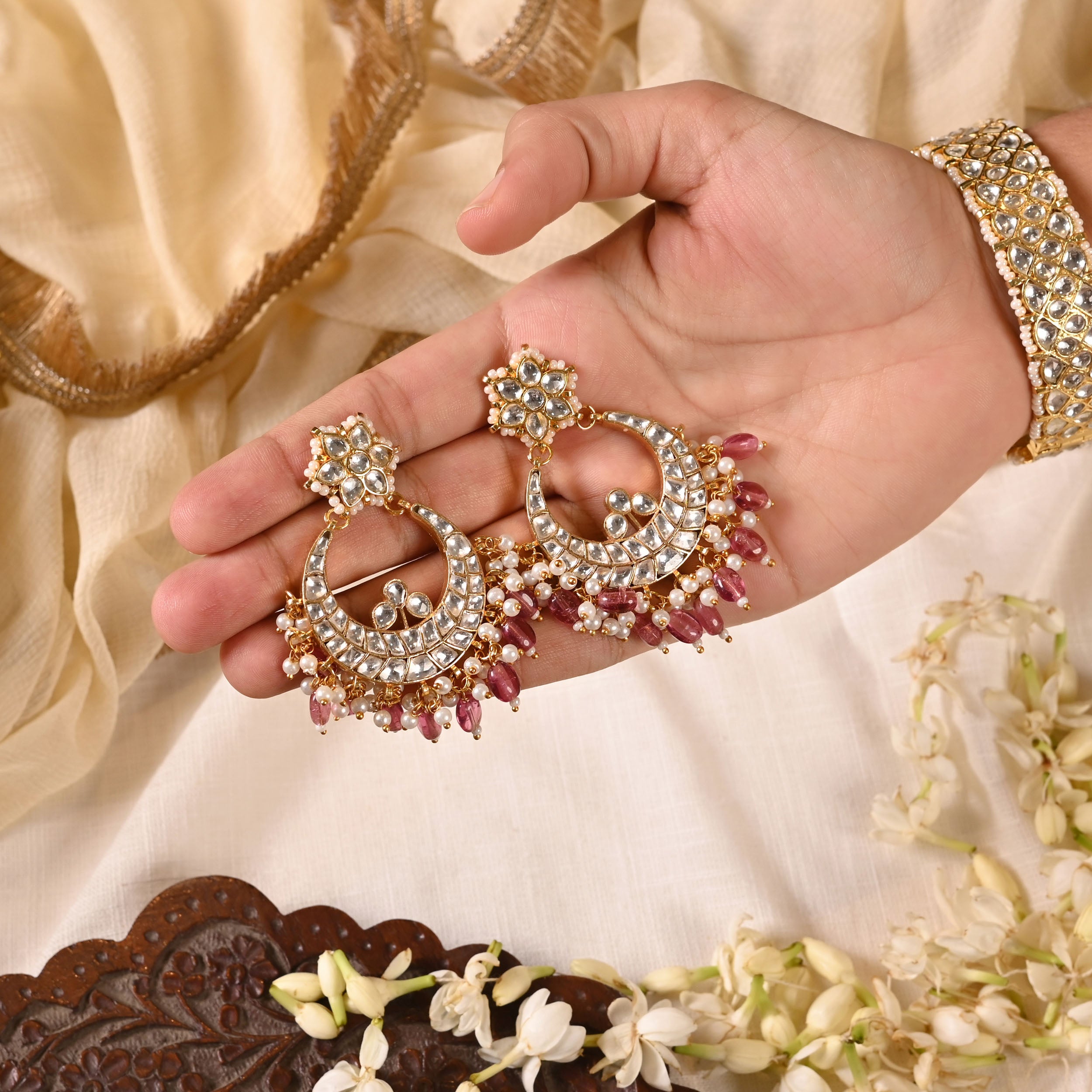 SJE1020- White and Pink Colour Gold Plated Jadau Kundan Chandbali Earrings