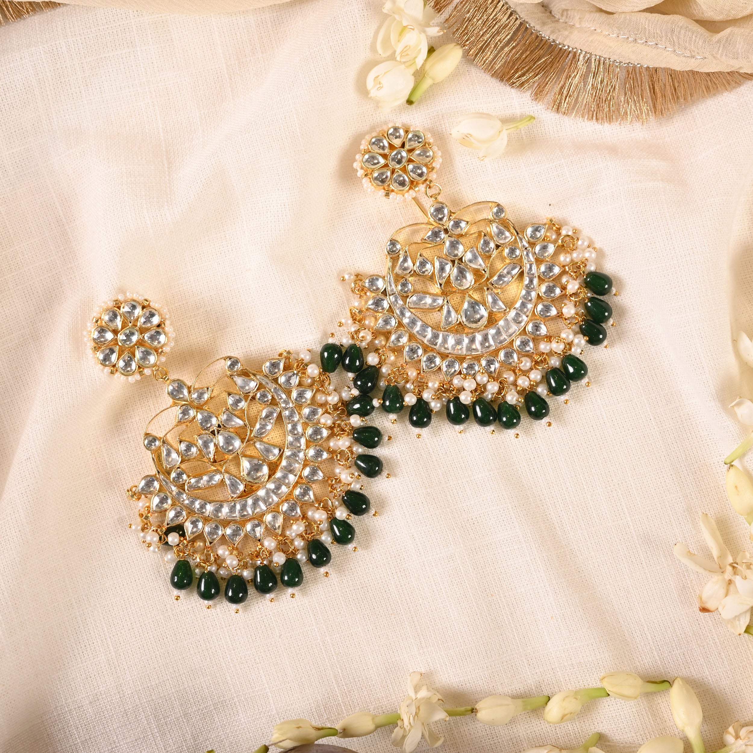 SJE1021- White and Green Colour Gold Plated Jadau Kundna Chandbali Earrings