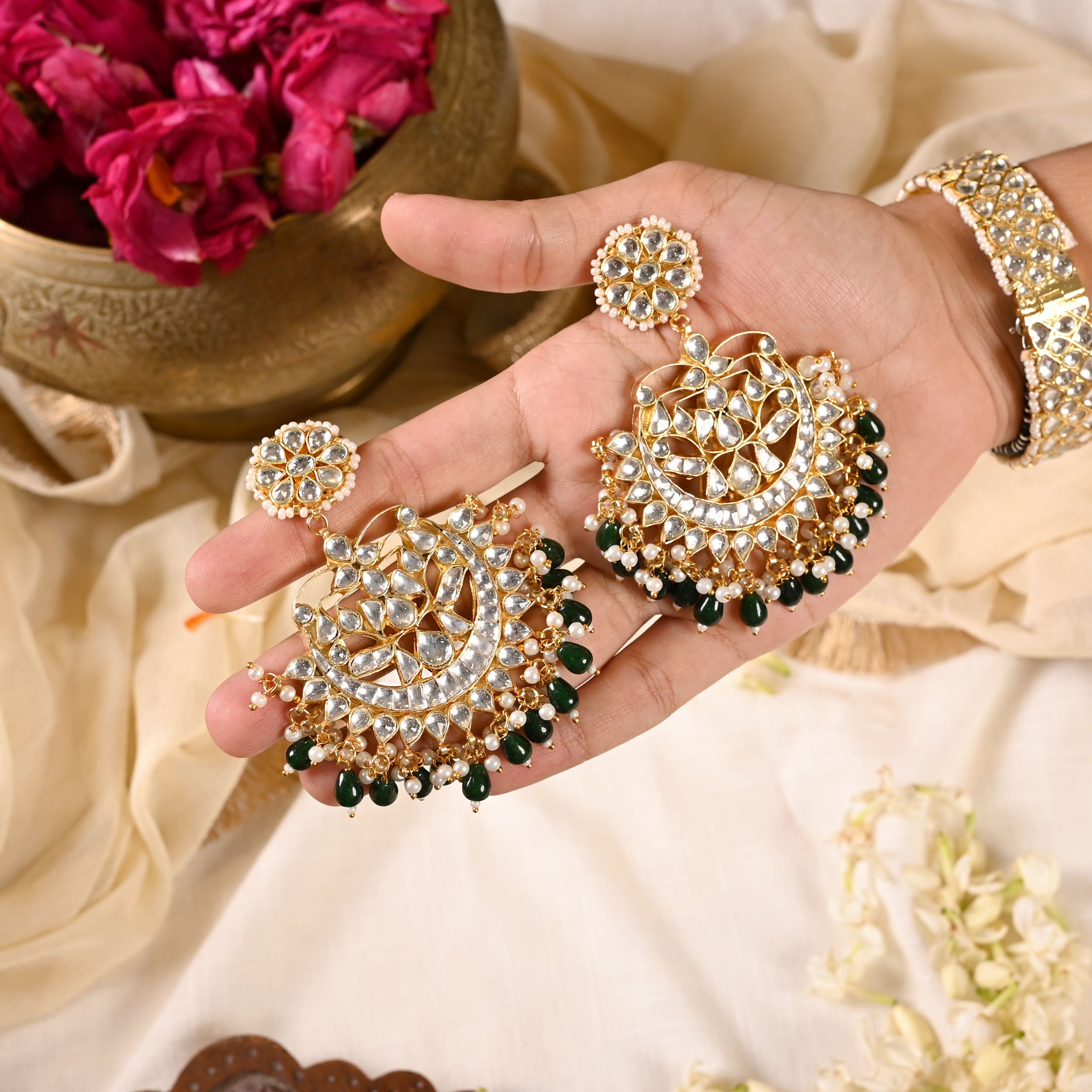 SJE1021- White and Green Colour Gold Plated Jadau Kundna Chandbali Earrings