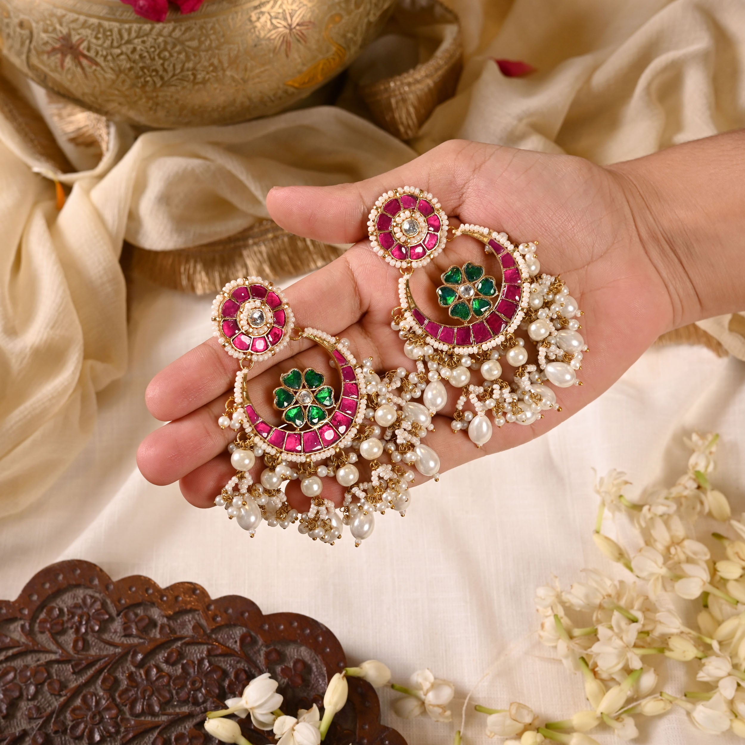 SJE1022- Multi Colour Gold Plated Jadau Kundan Chandbali Earrings wore by Aamna Sharif