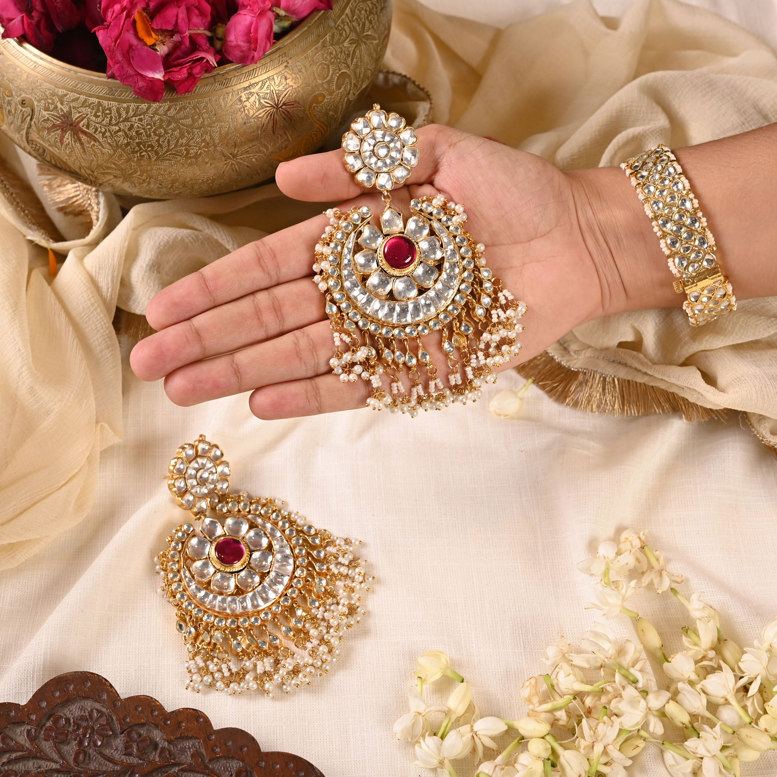 SJE1023- White and Pink Colour Gold Plated Jadau Kundan Chandbali Earrings