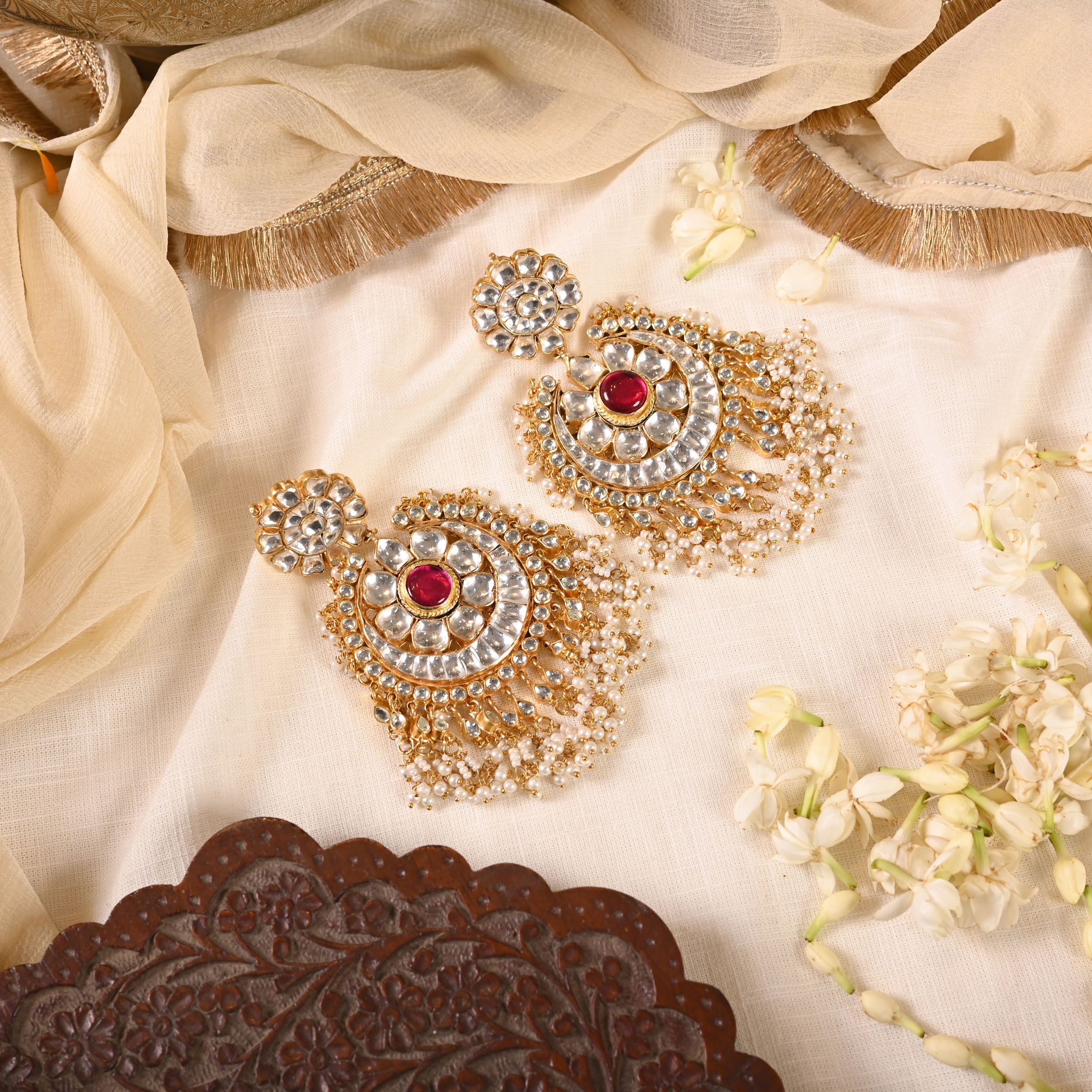 SJE1023- White and Pink Colour Gold Plated Jadau Kundan Chandbali Earrings