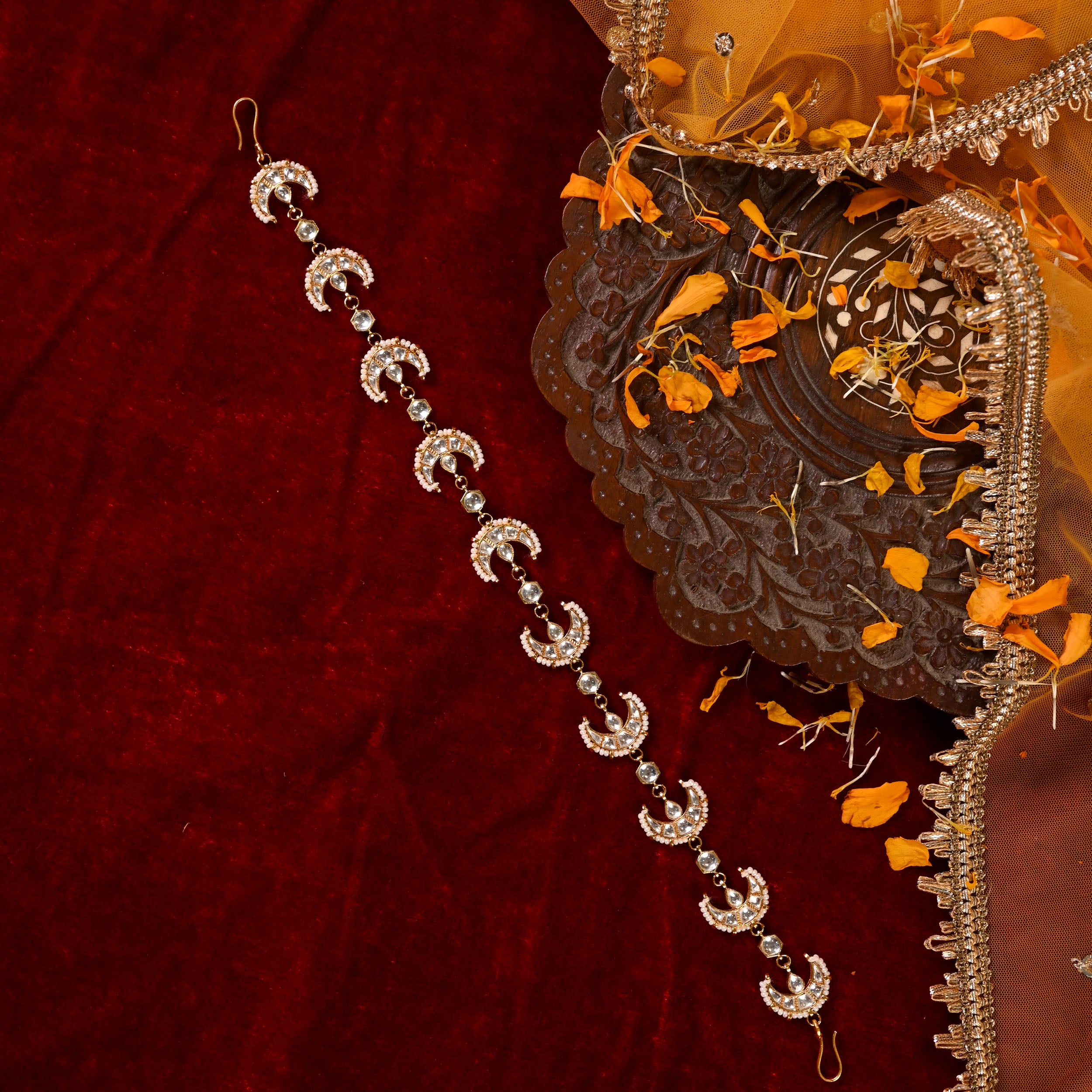 SJHB1011- White Colour Gold Plated Jadau Kundan Moon Motif Headband